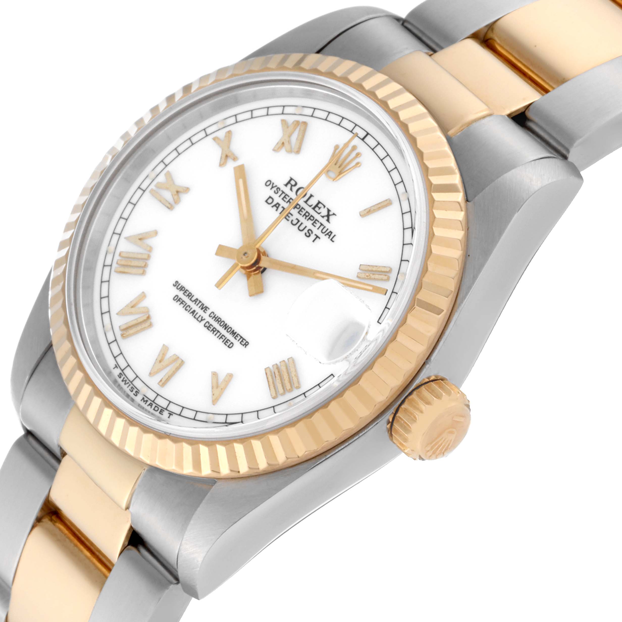 This Rolex Mid-Size 68273 Women's Steel and Gold (two tone) White Dial 68273 Women's Steel and Gold (two tone) White Dial Datejust watch is shown at a slight angle displaying the dial, bezel, crown, and partial bracelet.