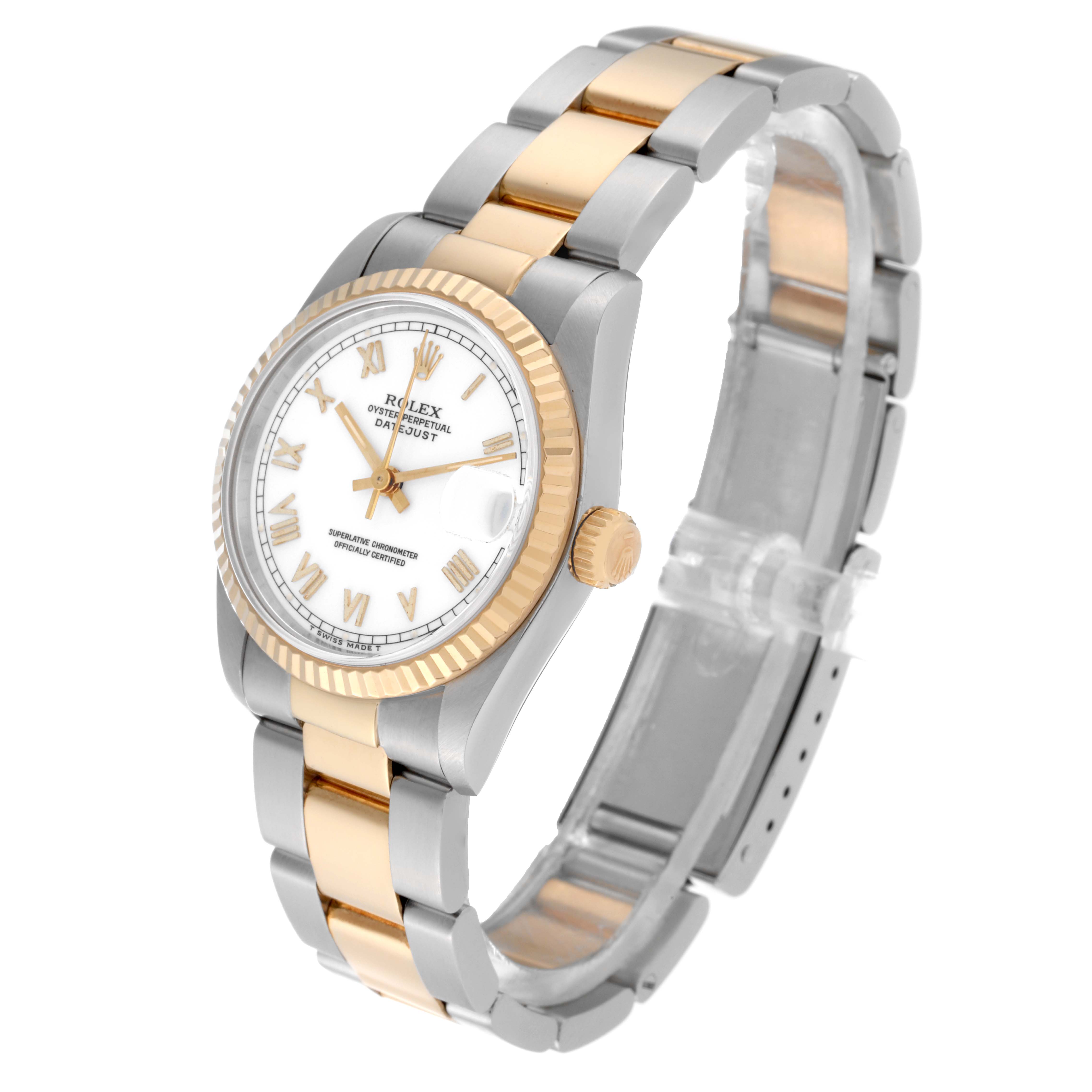 The Rolex Mid-Size 68273 Women's Steel and Gold (two tone) White Dial 68273 Women's Steel and Gold (two tone) White Dial watch is shown in a three-quarter view, featuring a two-tone band, fluted bezel, and white dial with Roman numerals.