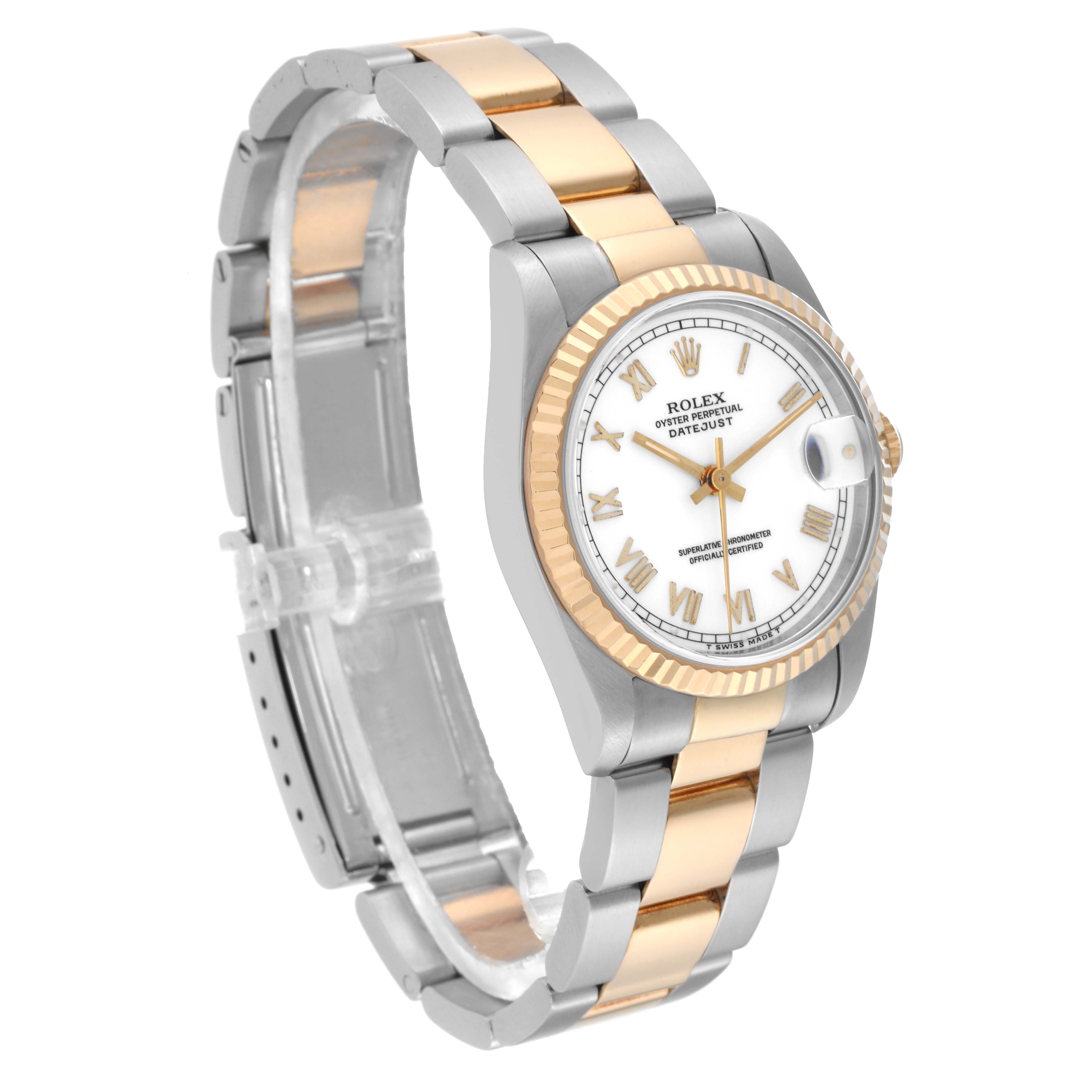 The image shows a three-quarter angle of a Rolex Mid-Size 68273 Women's Steel and Gold (two tone) White Dial 68273 Women's Steel and Gold (two tone) White Dial Datejust watch, highlighting its two-tone bracelet and fluted bezel.