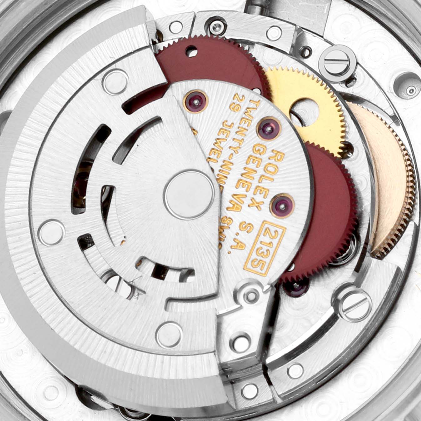 The image shows the internal mechanism of a Rolex Mid-Size 68273 Women's Steel and Gold (two tone) White Dial 68273 Women's Steel and Gold (two tone) White Dial model watch, highlighting the gears and rotor.