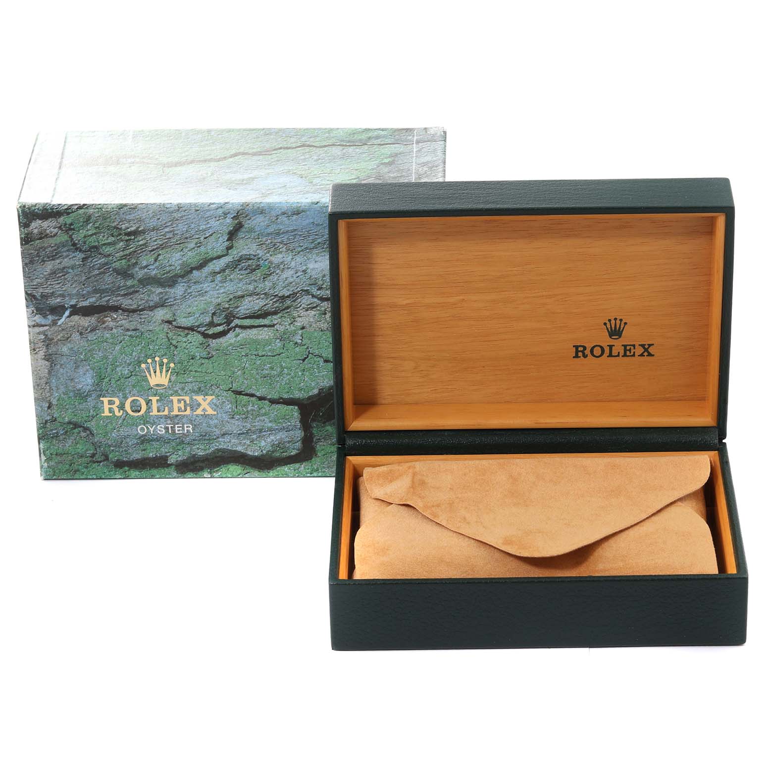 The image shows a Rolex Oyster box and an open Rolex watch case with a suede pouch inside, but no watch visible.