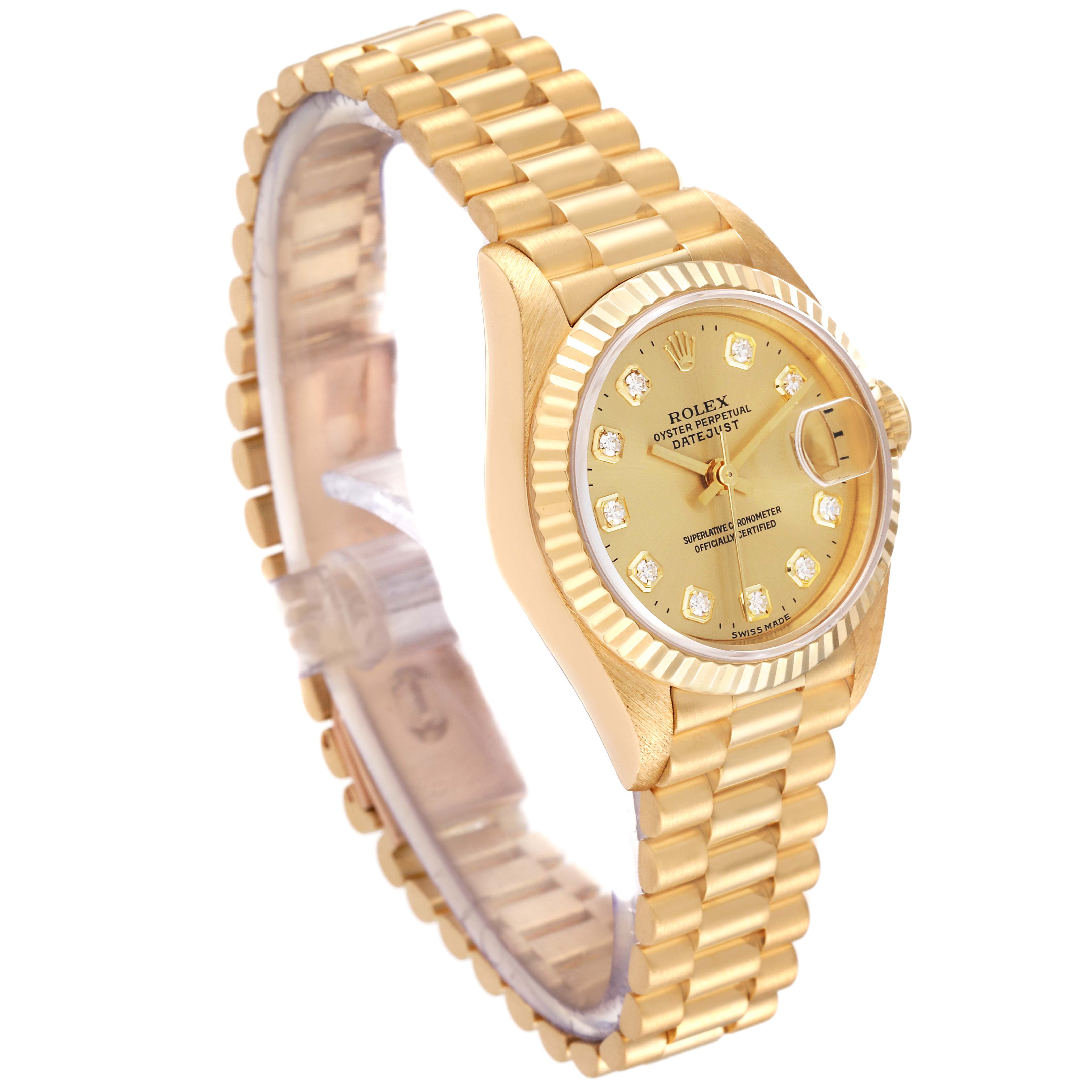 The image shows a Rolex President 69178 Women
s Yellow Gold Champagne Dial 69178 Women
s Yellow Gold Champagne Dial model watch from an oblique angle, highlighting the gold bracelet, case, and dial with diamond hour markers.