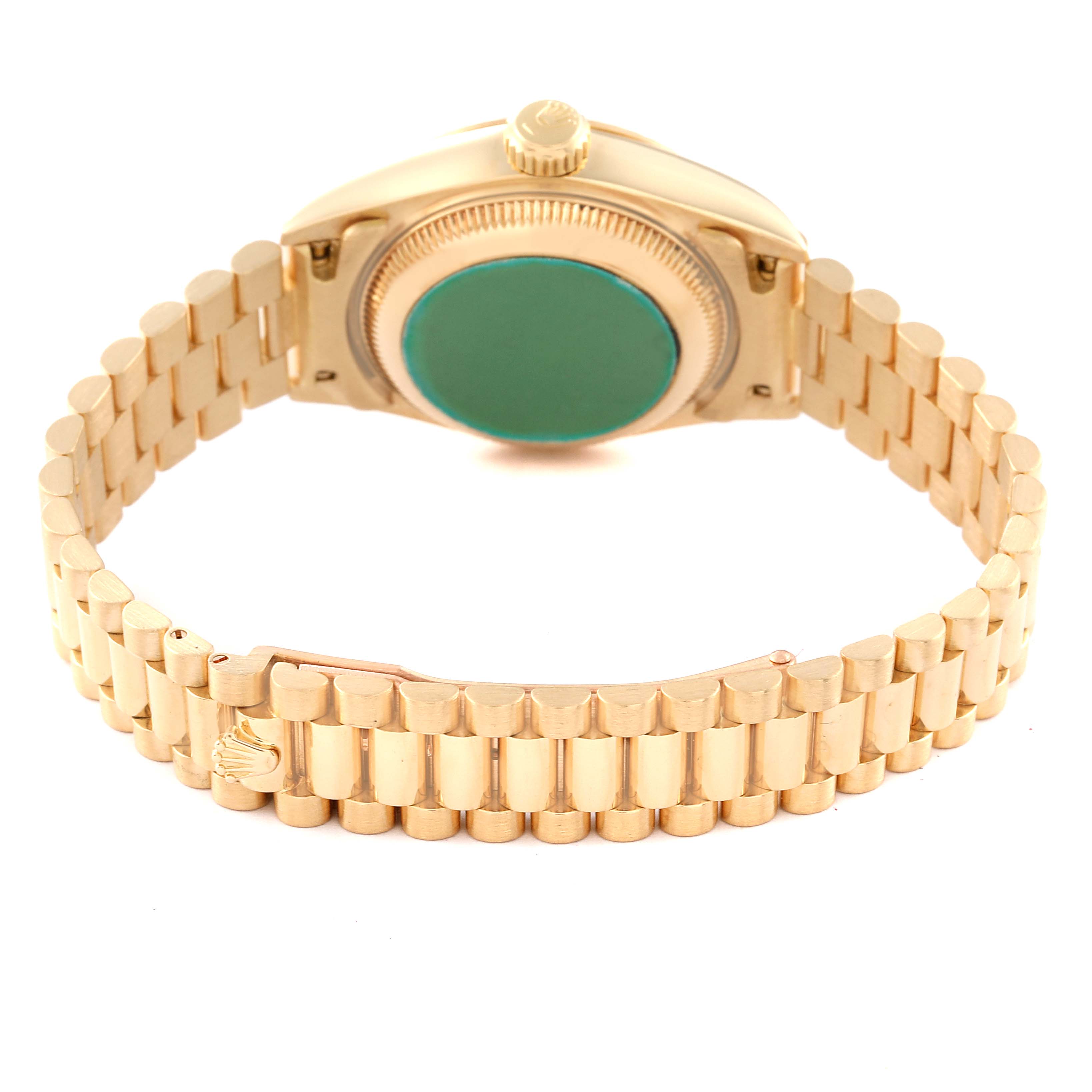 The image shows the back case and bracelet of a Rolex President 69178 Women
s Yellow Gold Champagne Dial 69178 Women
s Yellow Gold Champagne Dial model watch from a rear angle.