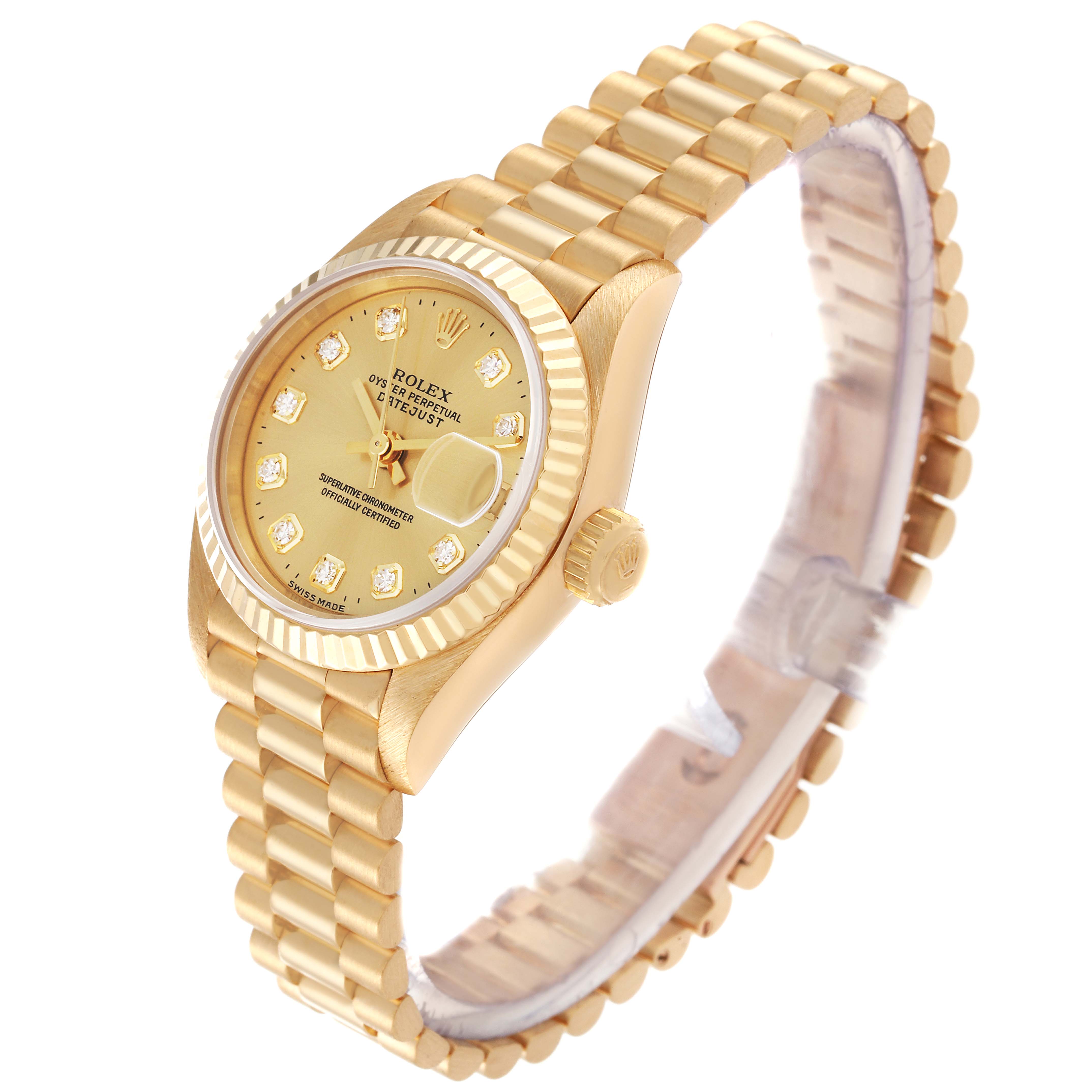 The image shows a side view of the Rolex President 69178 Women
s Yellow Gold Champagne Dial 69178 Women
s Yellow Gold Champagne Dial model watch, highlighting its gold case, bracelet, and diamond markers.