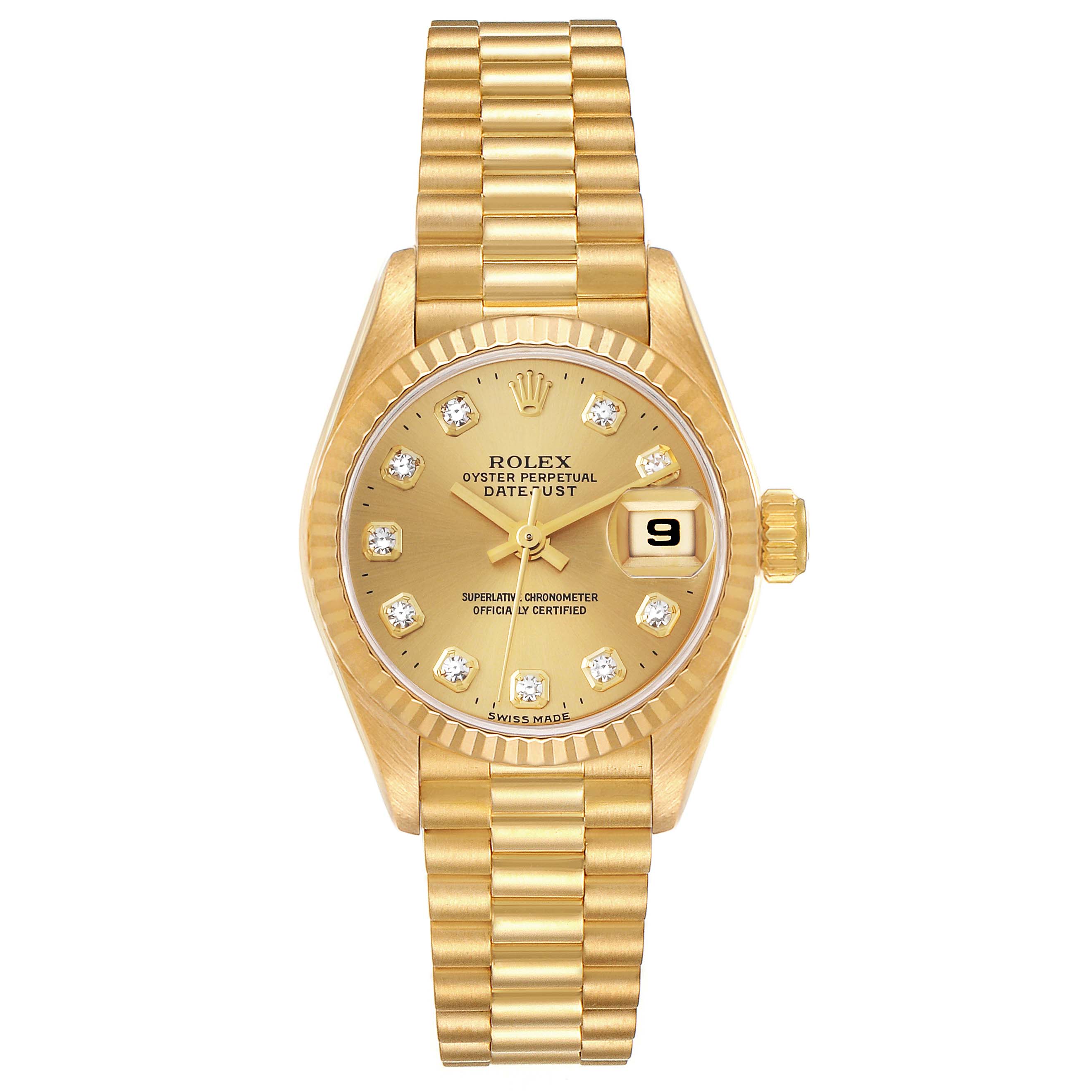 This image shows a Rolex President 69178 Women
s Yellow Gold Champagne Dial 69178 Women
s Yellow Gold Champagne Dial model watch from a top-down angle, displaying the dial, date window, crown, and bracelet.