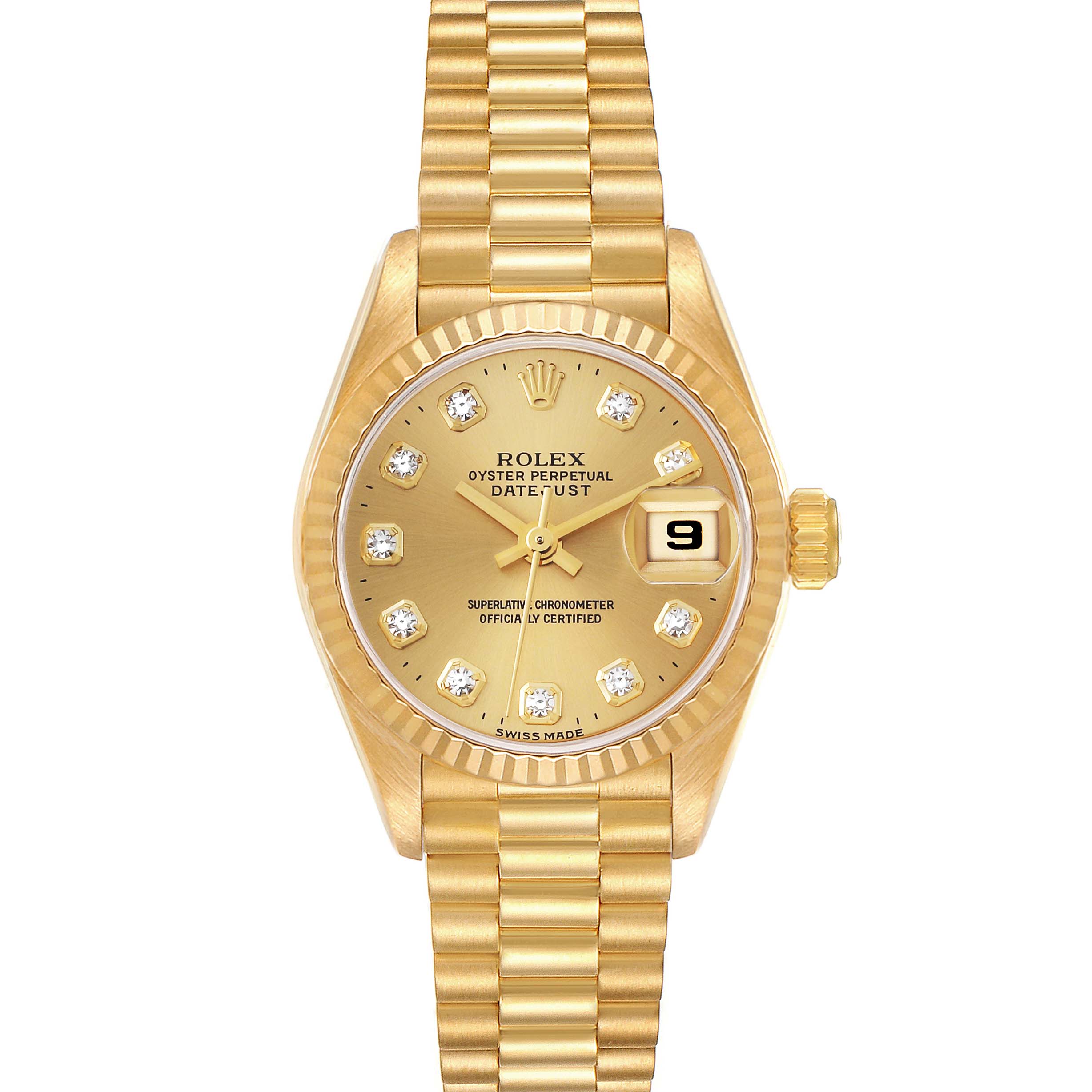 This image shows a front view of the Rolex President 69178 Women
s Yellow Gold Champagne Dial 69178 Women
s Yellow Gold Champagne Dial model watch, displaying its gold bracelet, dial, and date window.