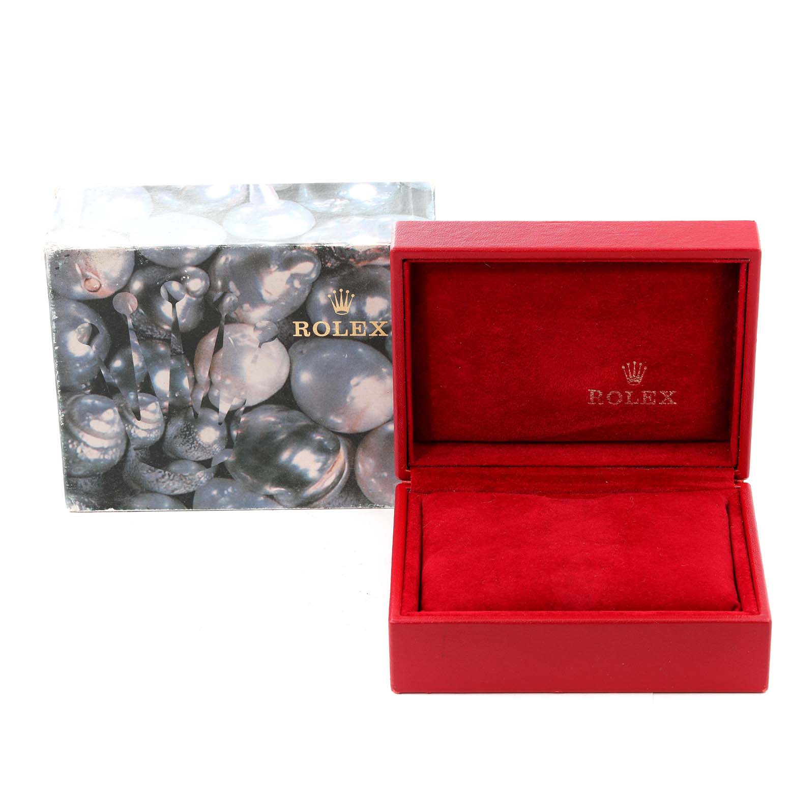 The image shows an open red velvet Rolex watch box and its outer box, showcasing packaging for the President model by Rolex.