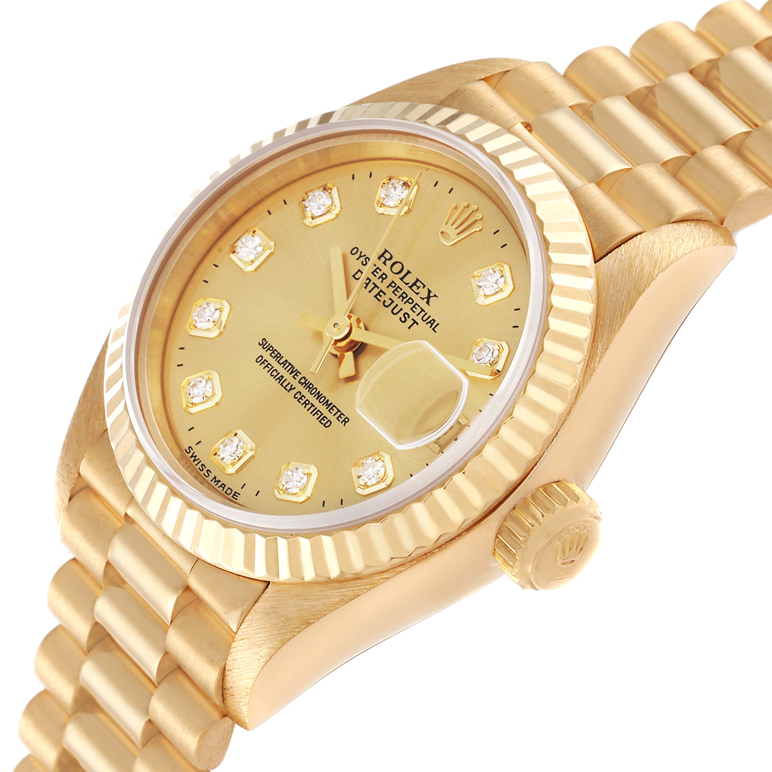 The image shows a close-up angled view of a gold Rolex President 69178 Women
s Yellow Gold Champagne Dial 69178 Women
s Yellow Gold Champagne Dial model watch, highlighting its dial, bezel, and band.