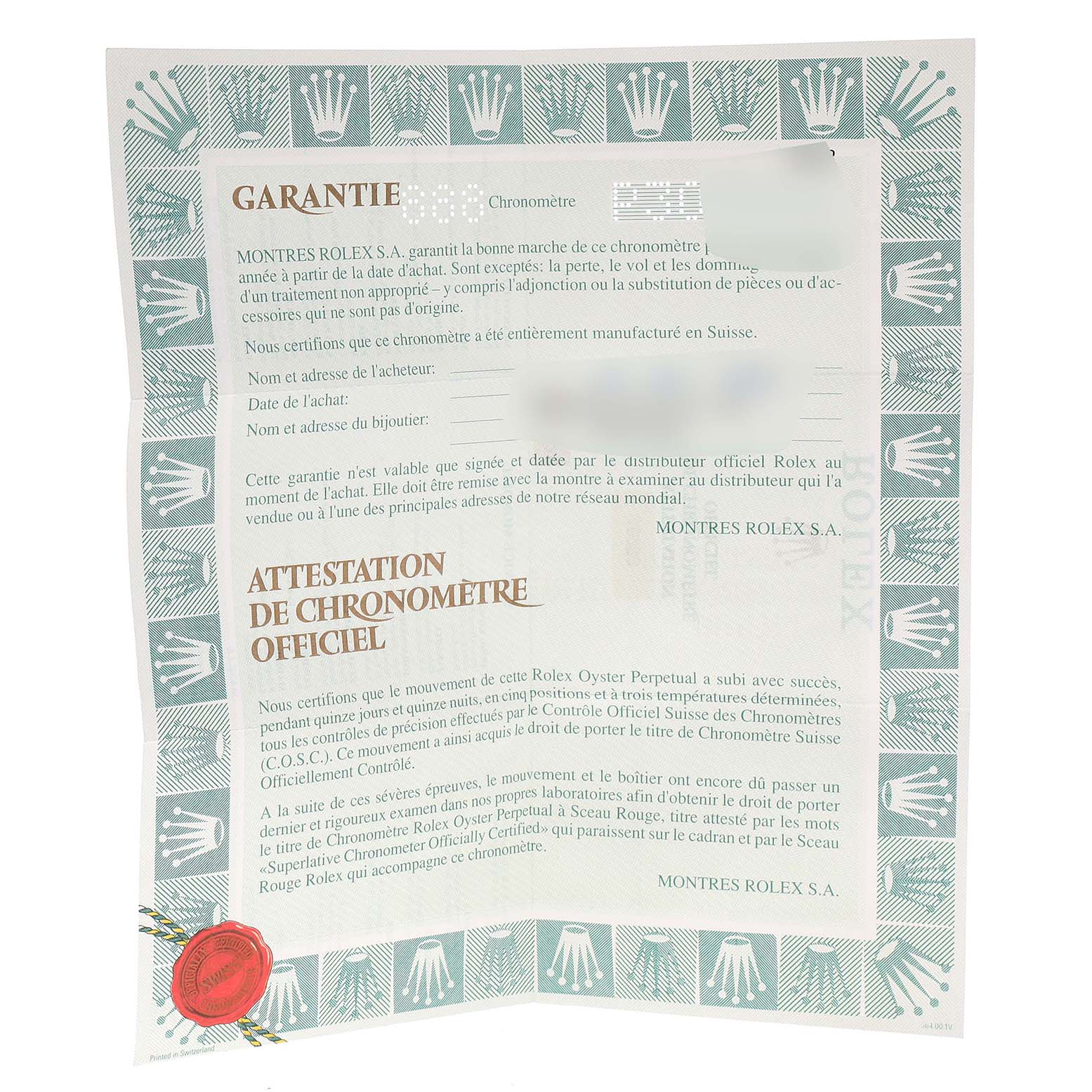 The image shows a warranty and chronometer certificate for a Rolex Datejust 16233 Men's Steel and Gold (two tone) Blue Dial 16233 Men's Steel and Gold (two tone) Blue Dial, featuring a green border with the Rolex crown logo.