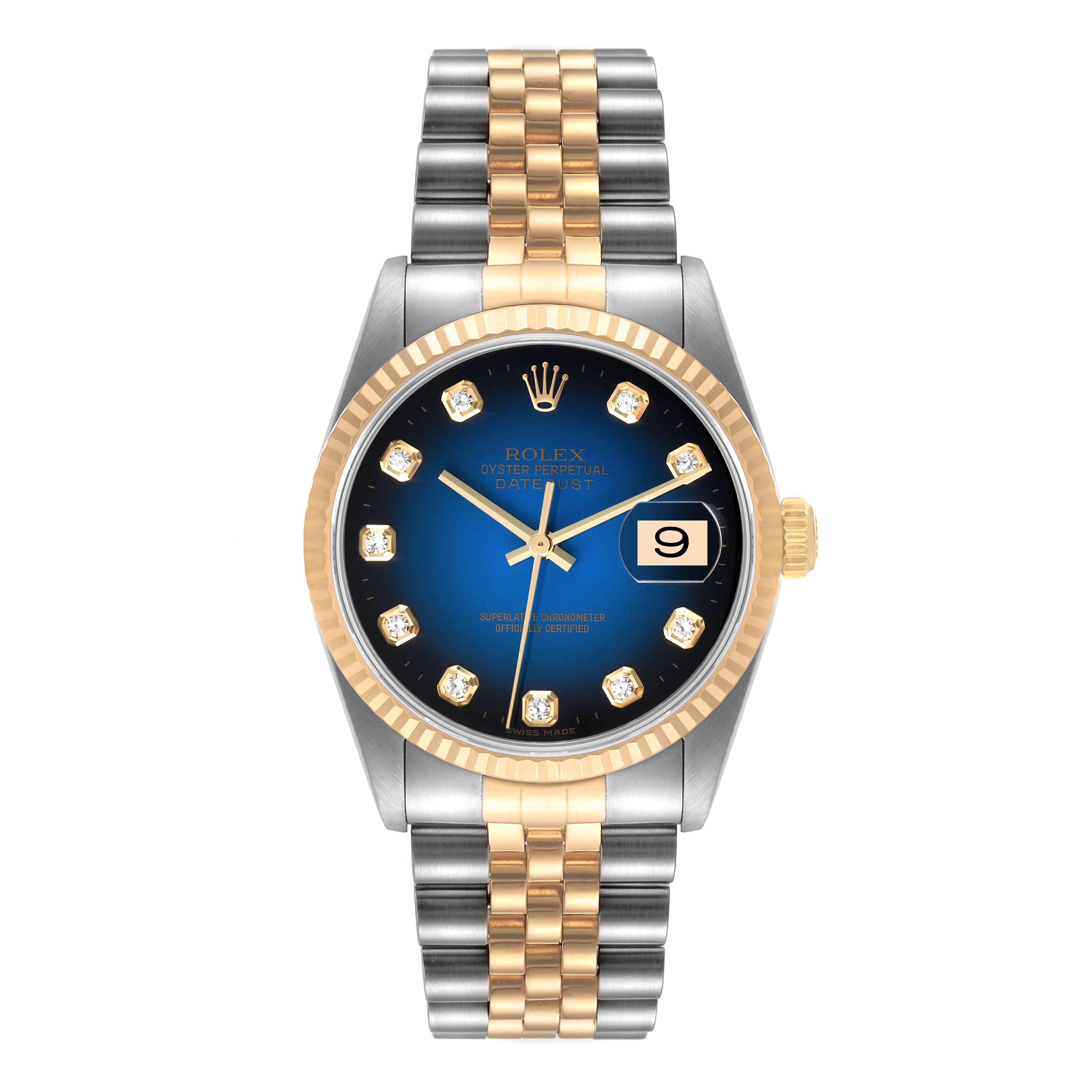 The image shows a frontal view of a Rolex Datejust 16233 Men's Steel and Gold (two tone) Blue Dial 16233 Men's Steel and Gold (two tone) Blue Dial watch with a blue dial, gold and silver bezel, and bracelet.