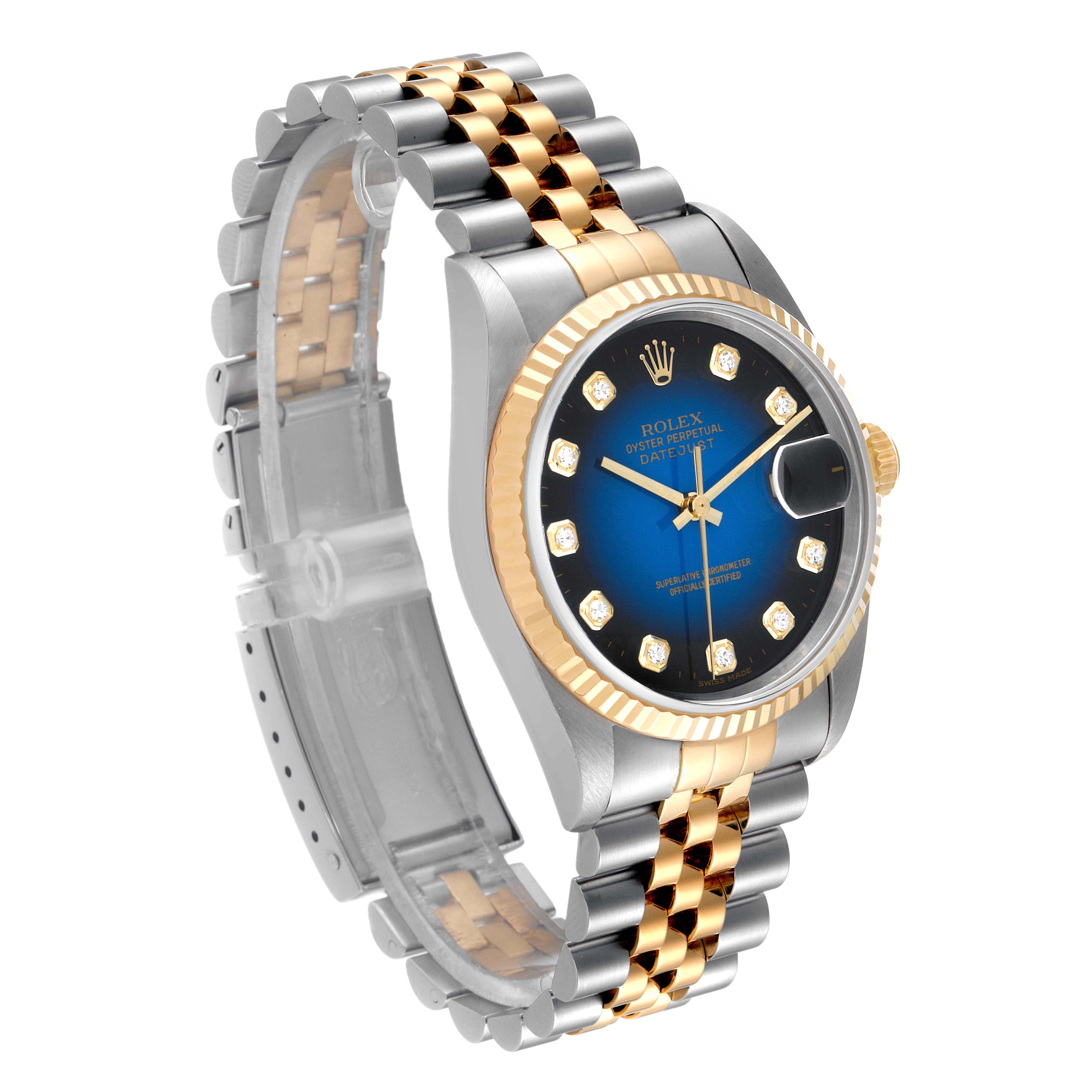 The image shows a Rolex Datejust 16233 Men's Steel and Gold (two tone) Blue Dial 16233 Men's Steel and Gold (two tone) Blue Dial watch at a slight angle highlighting the face, bezel, and two-tone bracelet.