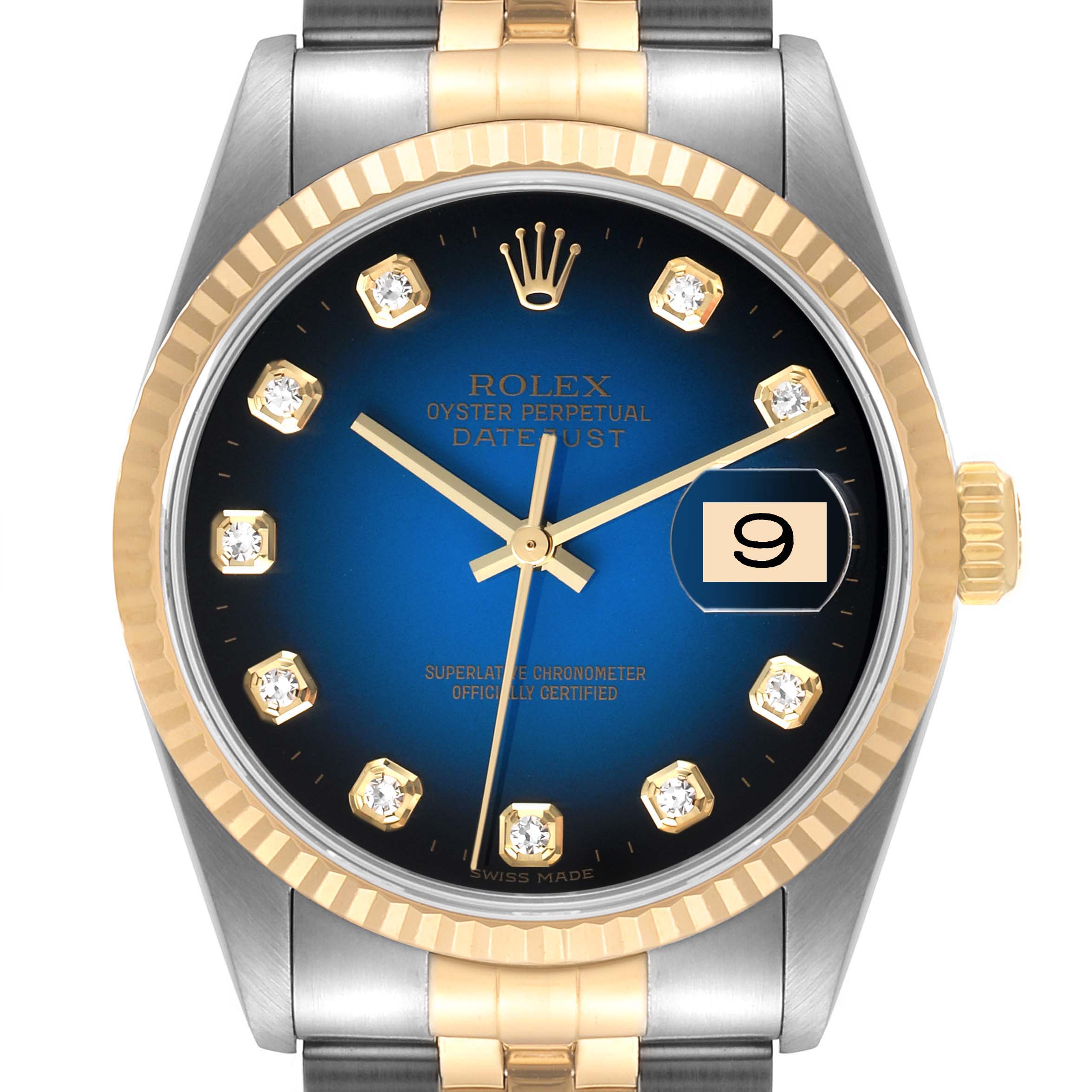 This image shows a frontal view of the Rolex Datejust 16233 Men's Steel and Gold (two tone) Blue Dial 16233 Men's Steel and Gold (two tone) Blue Dial watch, highlighting the dial, bezel, and partial bracelet.