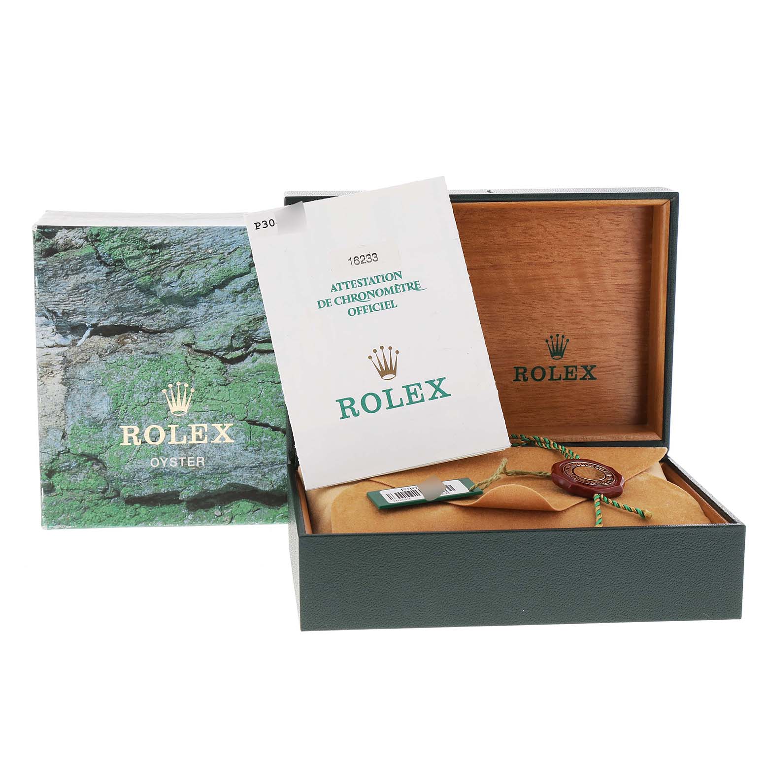 The image shows the Rolex Datejust 16233 Men's Steel and Gold (two tone) Blue Dial 16233 Men's Steel and Gold (two tone) Blue Dial watch packaging, including its box, booklet, and certification papers.