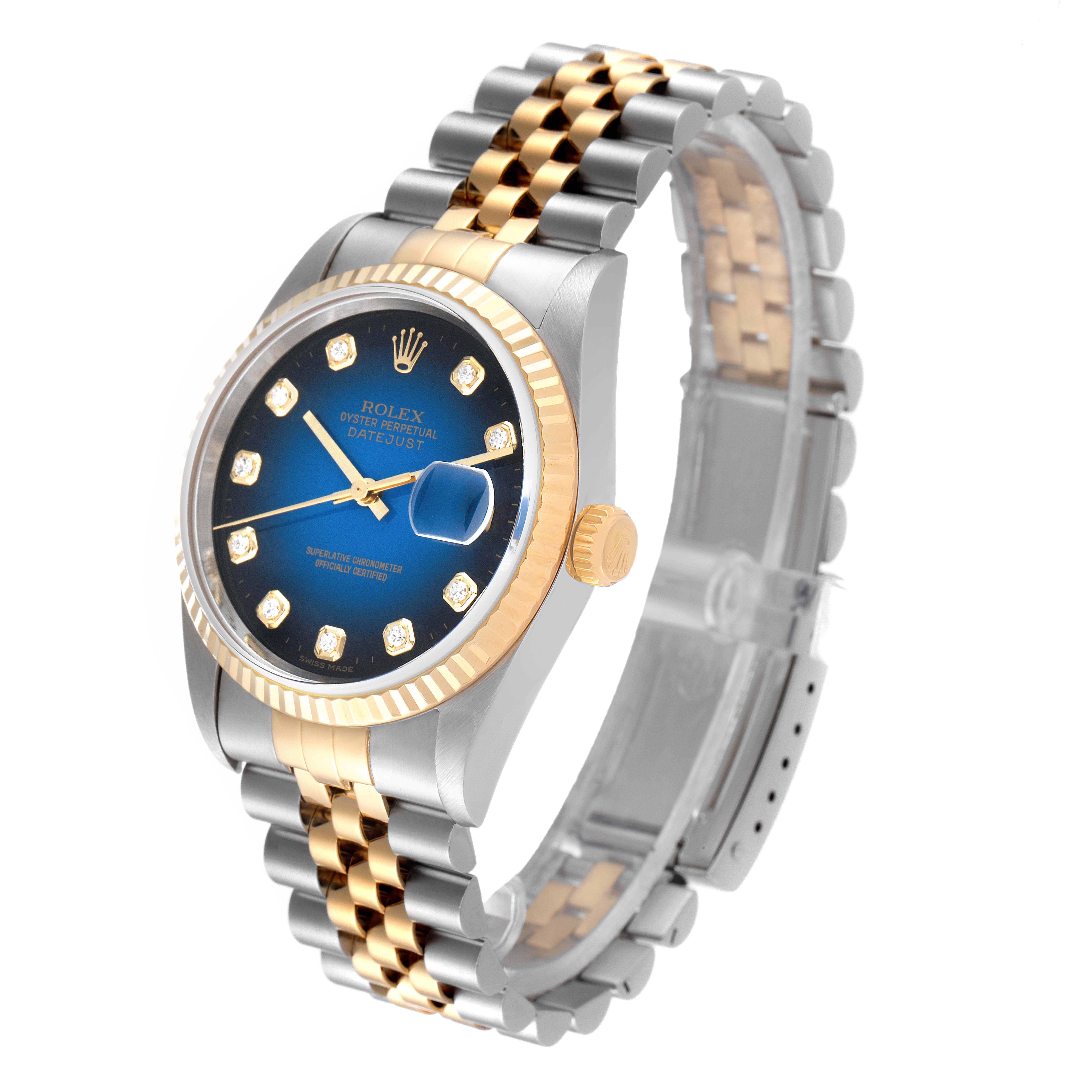 The Rolex Datejust 16233 Men's Steel and Gold (two tone) Blue Dial 16233 Men's Steel and Gold (two tone) Blue Dial model is shown at an angle, displaying the face, bezel, crown, and two-tone band.