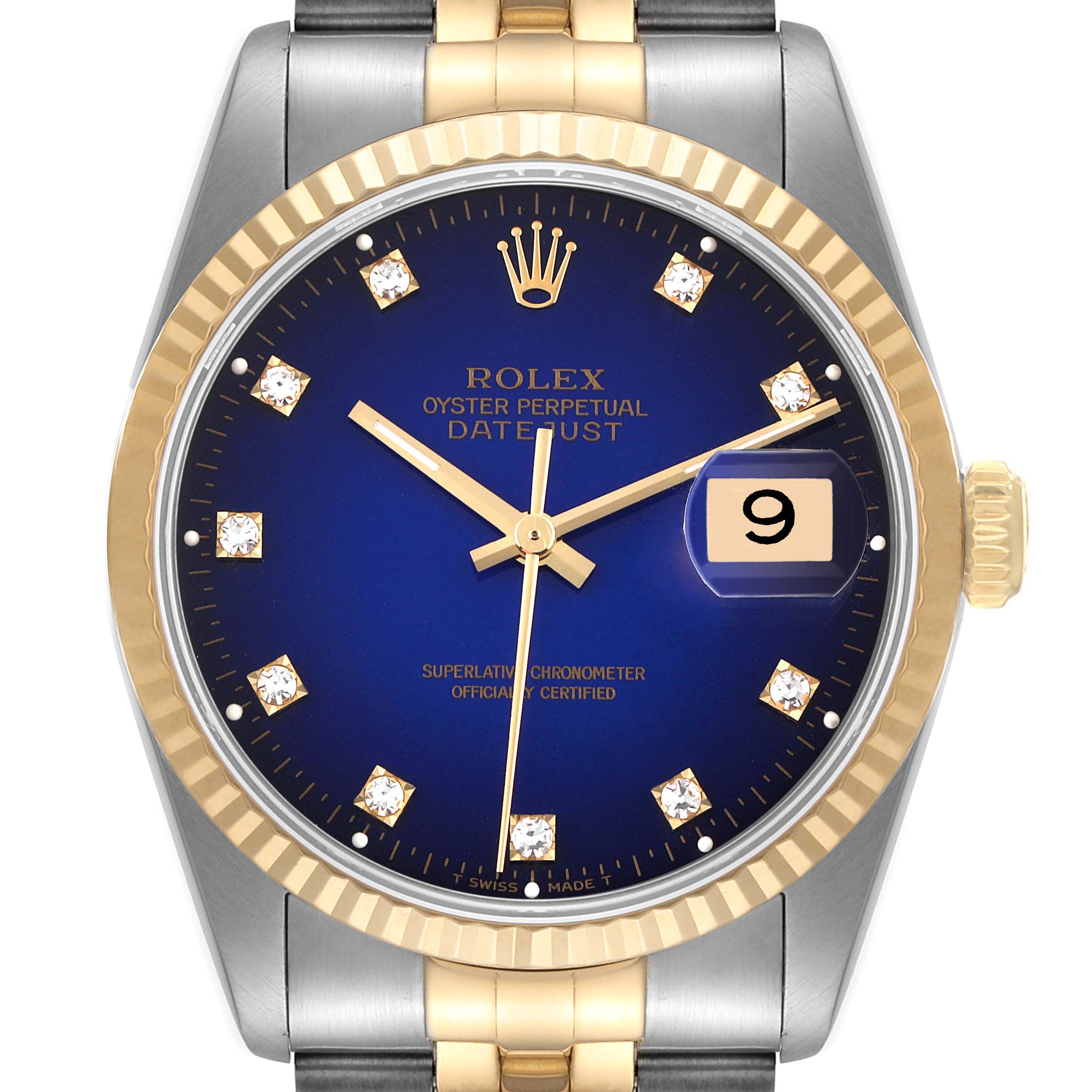 This image depicts a frontal view of the Rolex Datejust 16233 Men's Steel and Gold (two tone) Blue Dial 16233 Men's Steel and Gold (two tone) Blue Dial model, showing the face, bezel, and part of the band.
