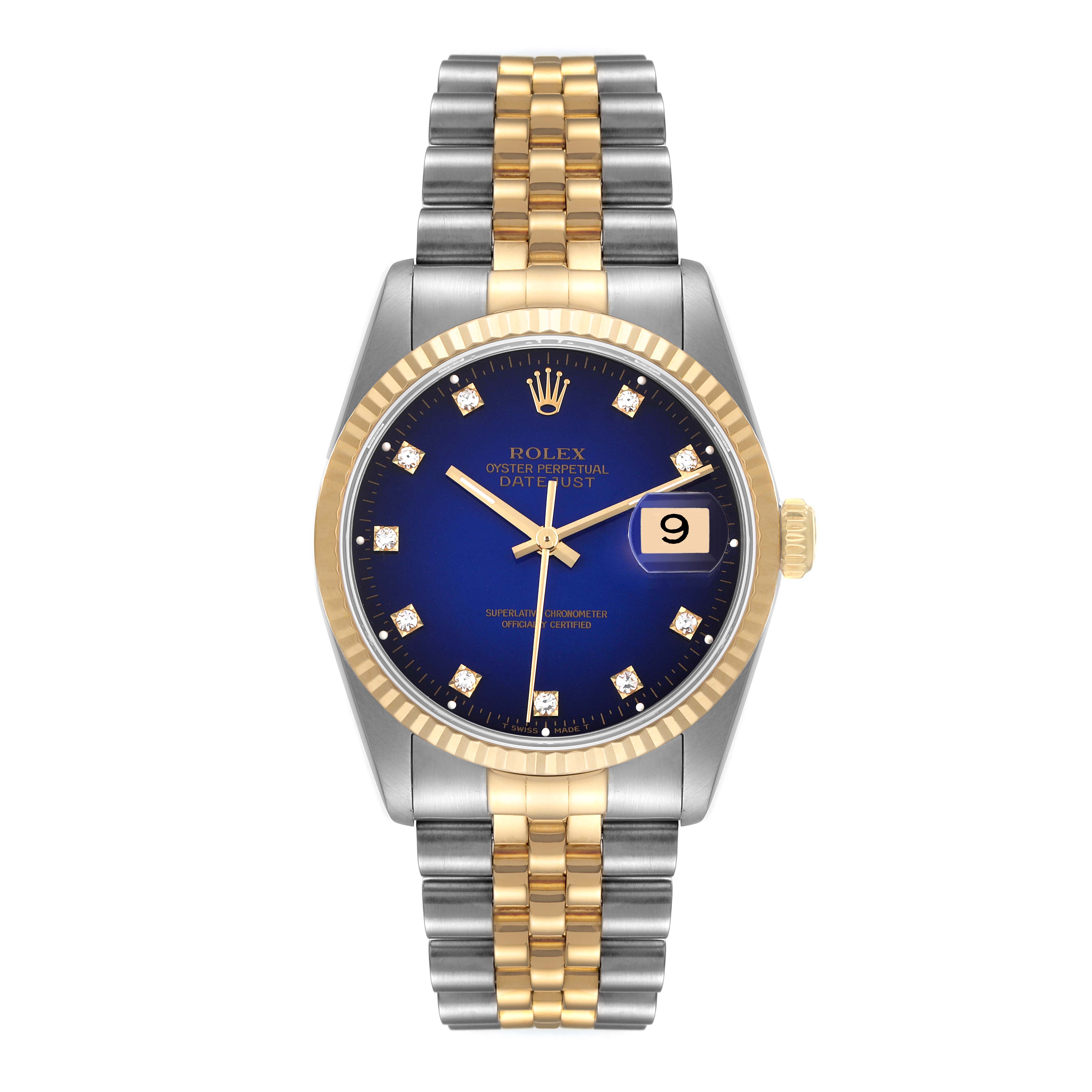 The watch is a Rolex Datejust 16233 Men's Steel and Gold (two tone) Blue Dial 16233 Men's Steel and Gold (two tone) Blue Dial model shown from a top-down angle, displaying its dial, bezel, and bracelet.