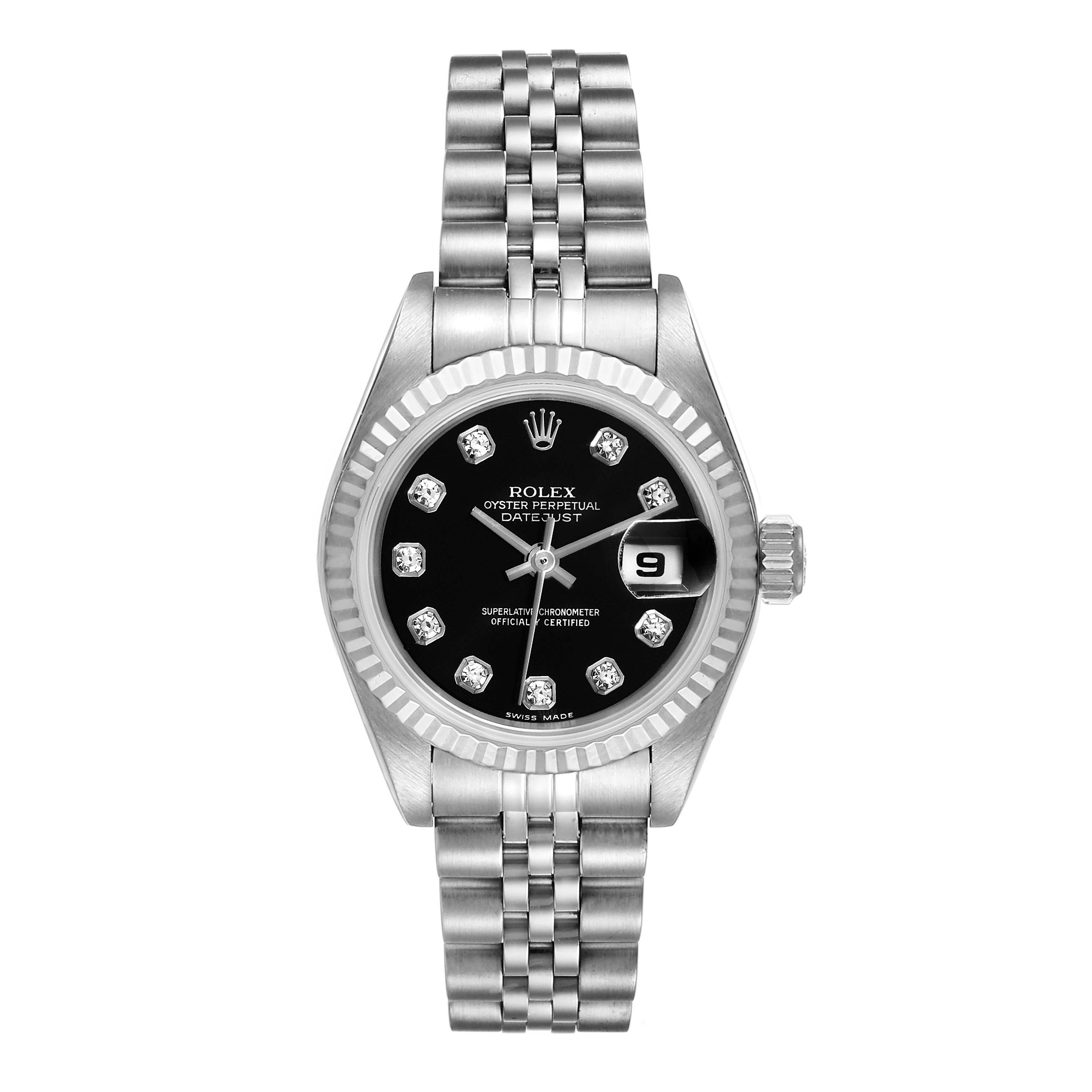 The image shows a Rolex Datejust 79174 Women's Stainless Steel Black Dial 79174 Women's Stainless Steel Black Dial watch from a front angle, displaying its face, bezel, and bracelet.