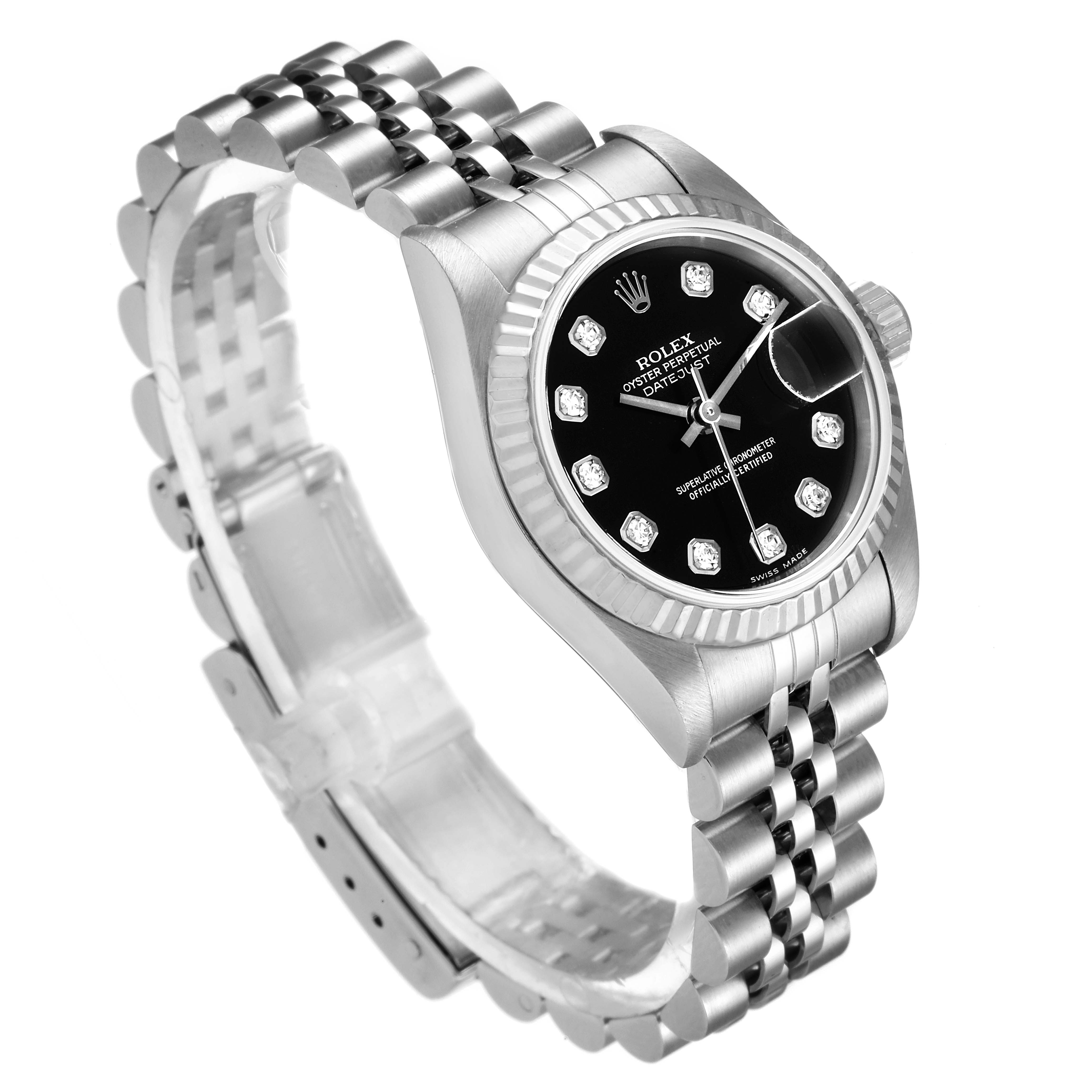The image shows a Rolex Datejust 79174 Women's Stainless Steel Black Dial 79174 Women's Stainless Steel Black Dial watch at a slight top-side angle, highlighting its black dial, diamond hour markers, and jubilee bracelet.
