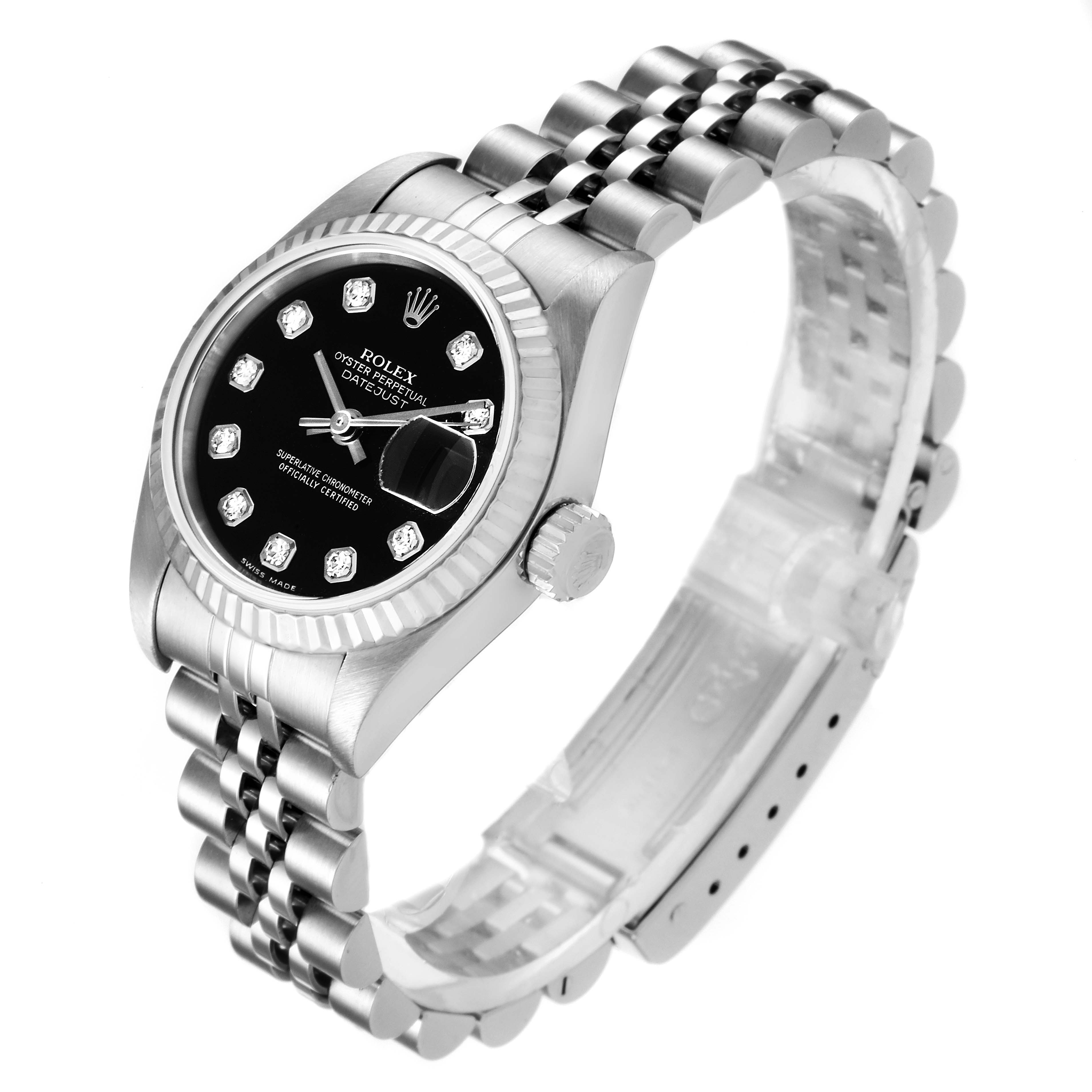 The Rolex Datejust 79174 Women's Stainless Steel Black Dial 79174 Women's Stainless Steel Black Dial watch is shown at an angled view, displaying the black dial, fluted bezel, diamond hour markers, crown, and Jubilee bracelet.