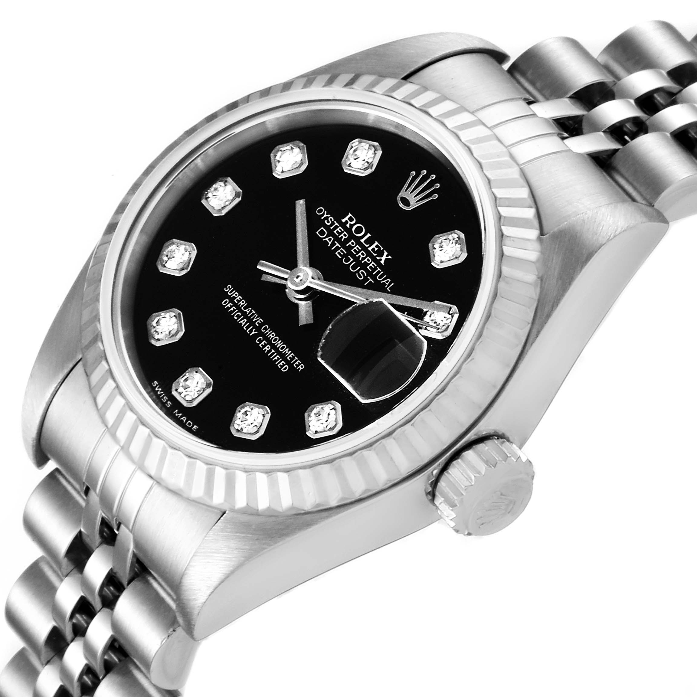 This image shows a close-up angle of the Rolex Datejust 79174 Women's Stainless Steel Black Dial 79174 Women's Stainless Steel Black Dial watch, highlighting its black dial, diamond markers, fluted bezel, and Jubilee bracelet.
