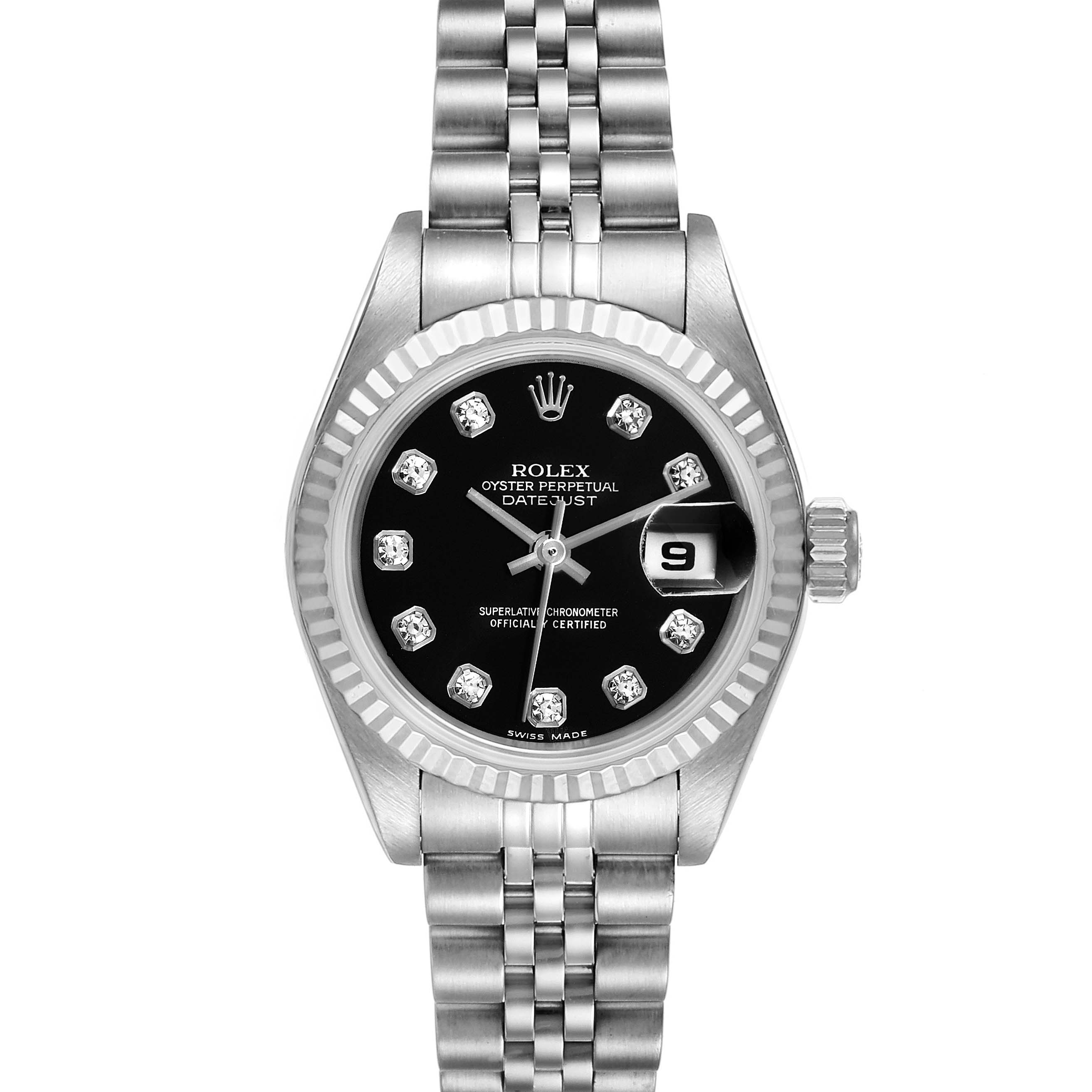 This image shows a front view of a Rolex Datejust 79174 Women's Stainless Steel Black Dial 79174 Women's Stainless Steel Black Dial watch, featuring a black dial, diamond hour markers, and a stainless steel bracelet.