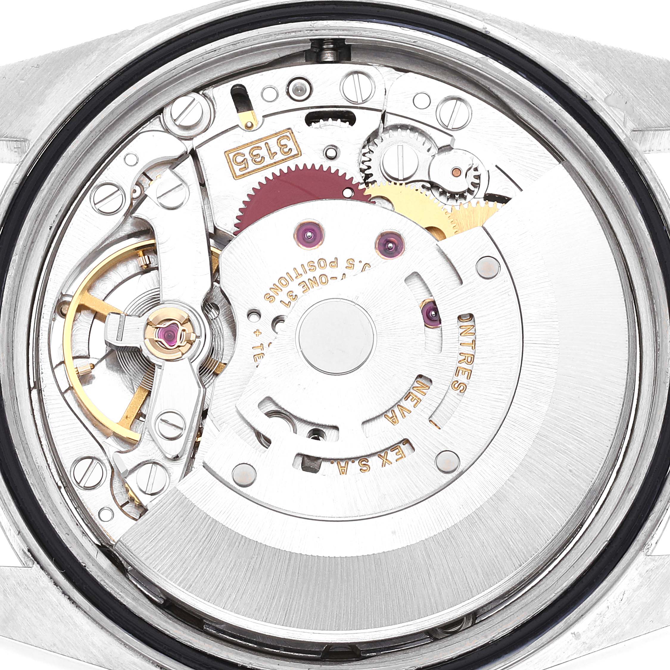 The image shows the internal mechanism of a Rolex Datejust 16234 Men's Stainless Steel Blue Dial 16234 Men's Stainless Steel Blue Dial watch from a top-down angle, showcasing its intricate components.