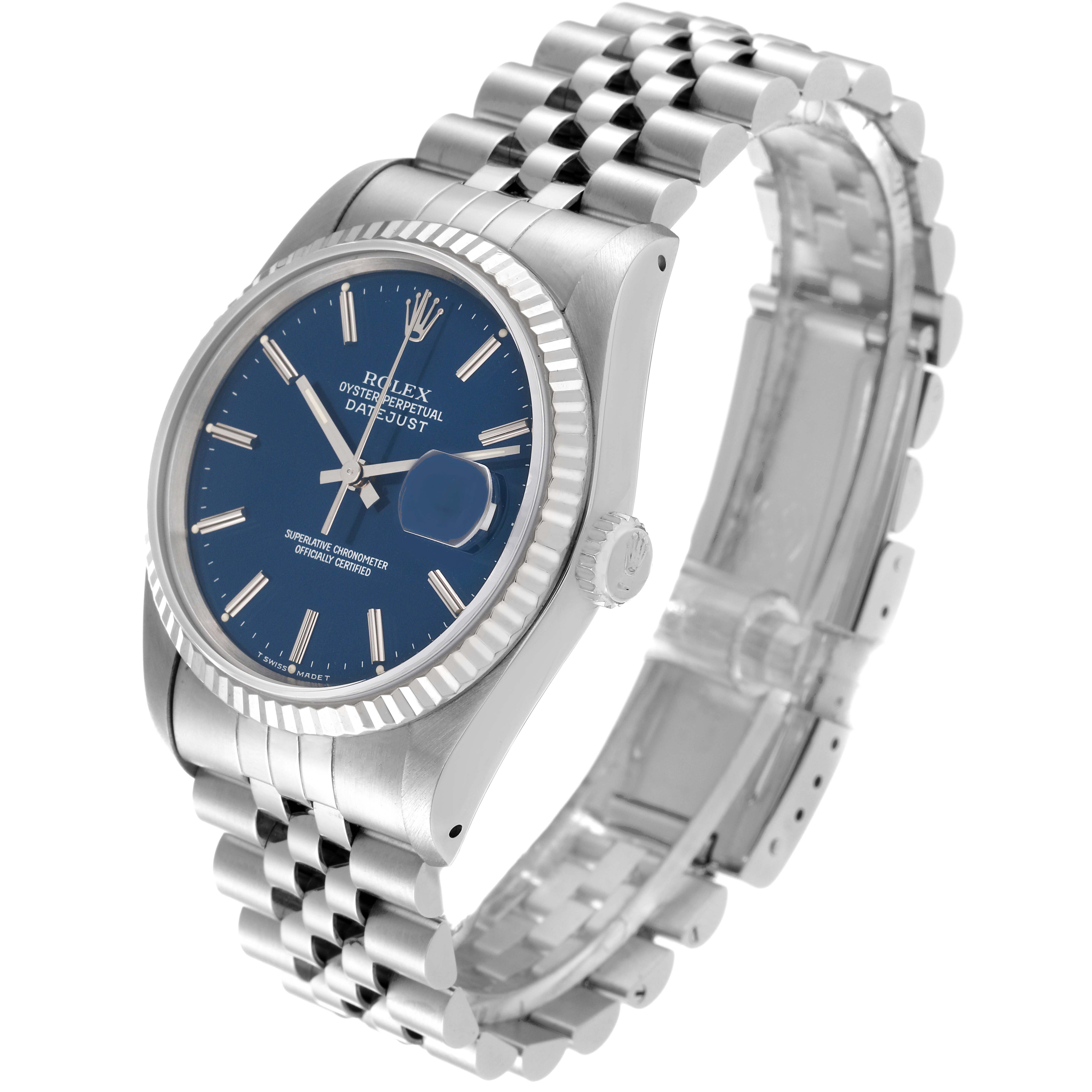 The image shows a Rolex Datejust 16234 Men's Stainless Steel Blue Dial 16234 Men's Stainless Steel Blue Dial watch at an angle, highlighting its blue dial, fluted bezel, and jubilee bracelet.