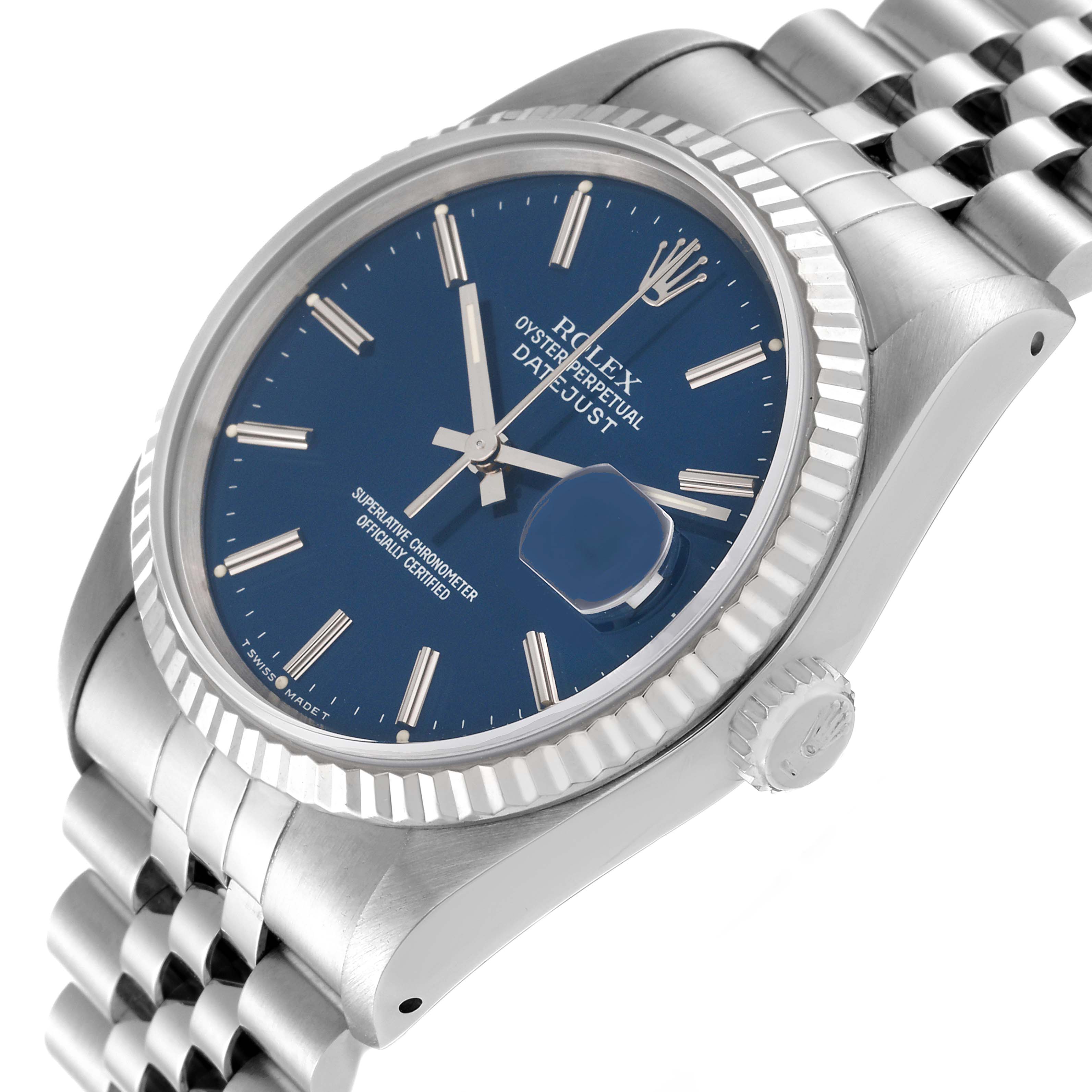 The image shows a Rolex Datejust 16234 Men's Stainless Steel Blue Dial 16234 Men's Stainless Steel Blue Dial watch at an angled side view, highlighting its blue dial, fluted bezel, and Jubilee bracelet.