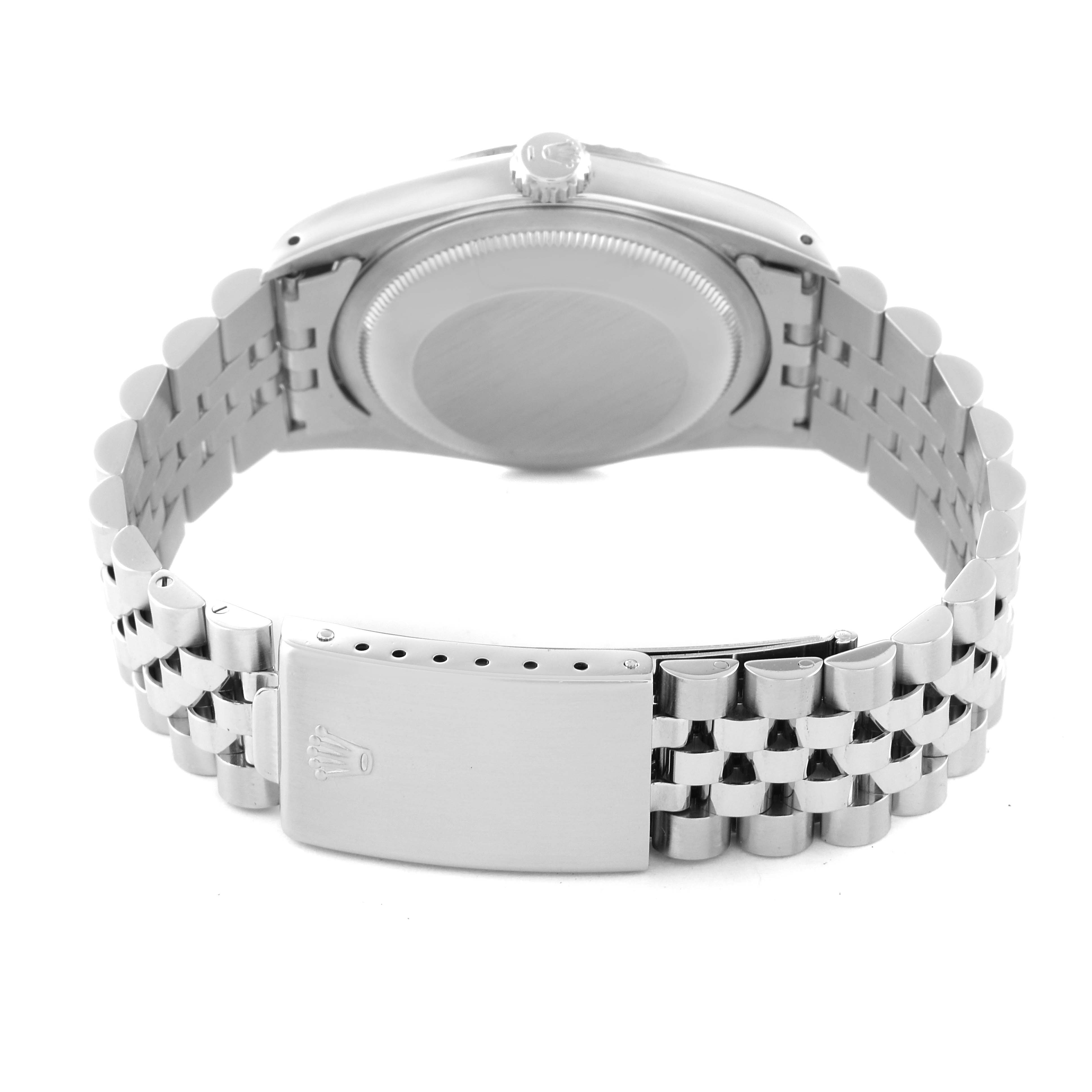 This image shows the back casing and closed clasp of a Rolex Datejust 16234 Men's Stainless Steel Blue Dial 16234 Men's Stainless Steel Blue Dial watch taken from a rear angle.