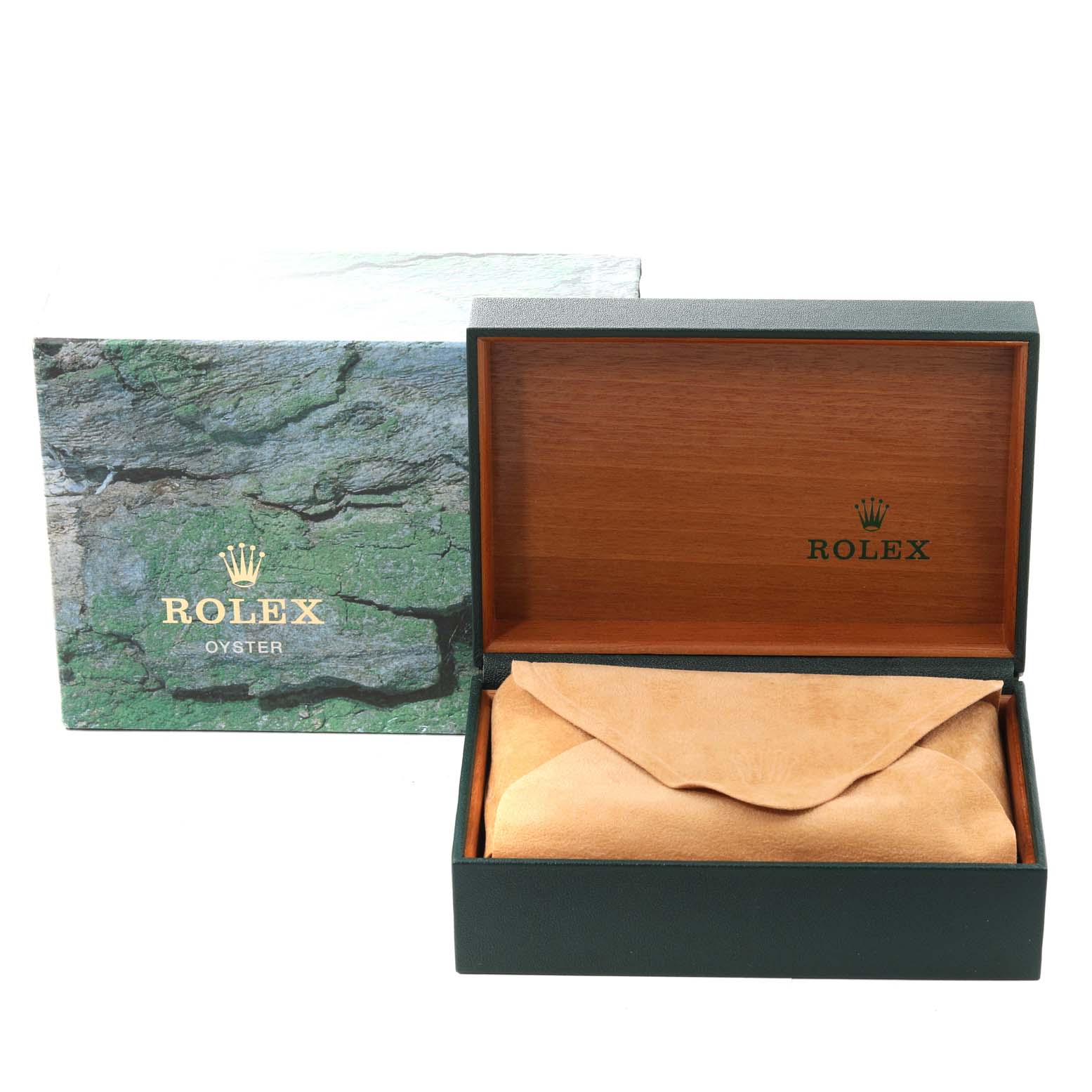 The image shows a Rolex Datejust 16234 Men's Stainless Steel Blue Dial 16234 Men's Stainless Steel Blue Dial box with a green outer layer, an open wooden interior, and a beige pouch inside.