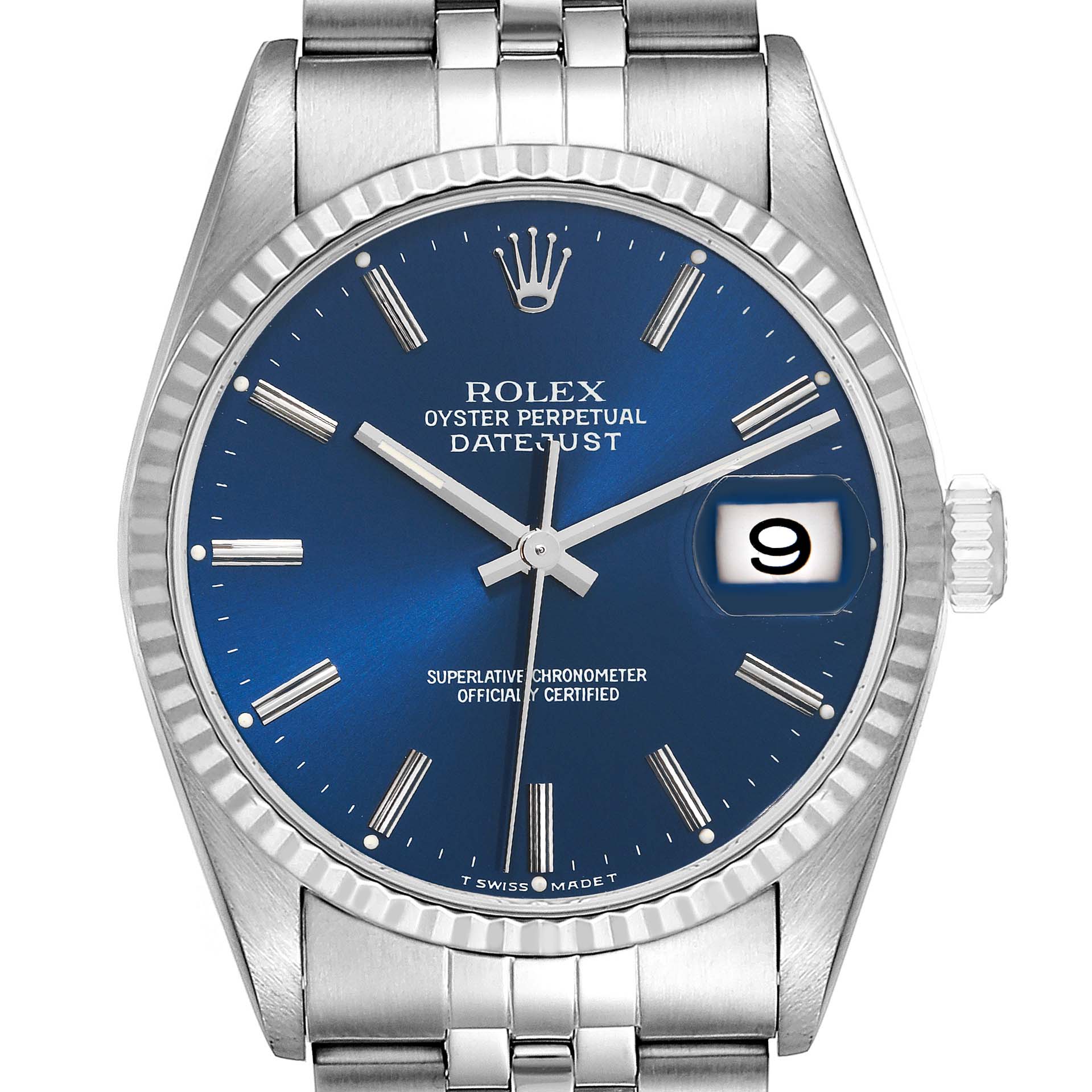 This image shows the face and bezel of a Rolex Datejust 16234 Men's Stainless Steel Blue Dial 16234 Men's Stainless Steel Blue Dial watch, with a blue dial and silver bracelet, viewed from the front.