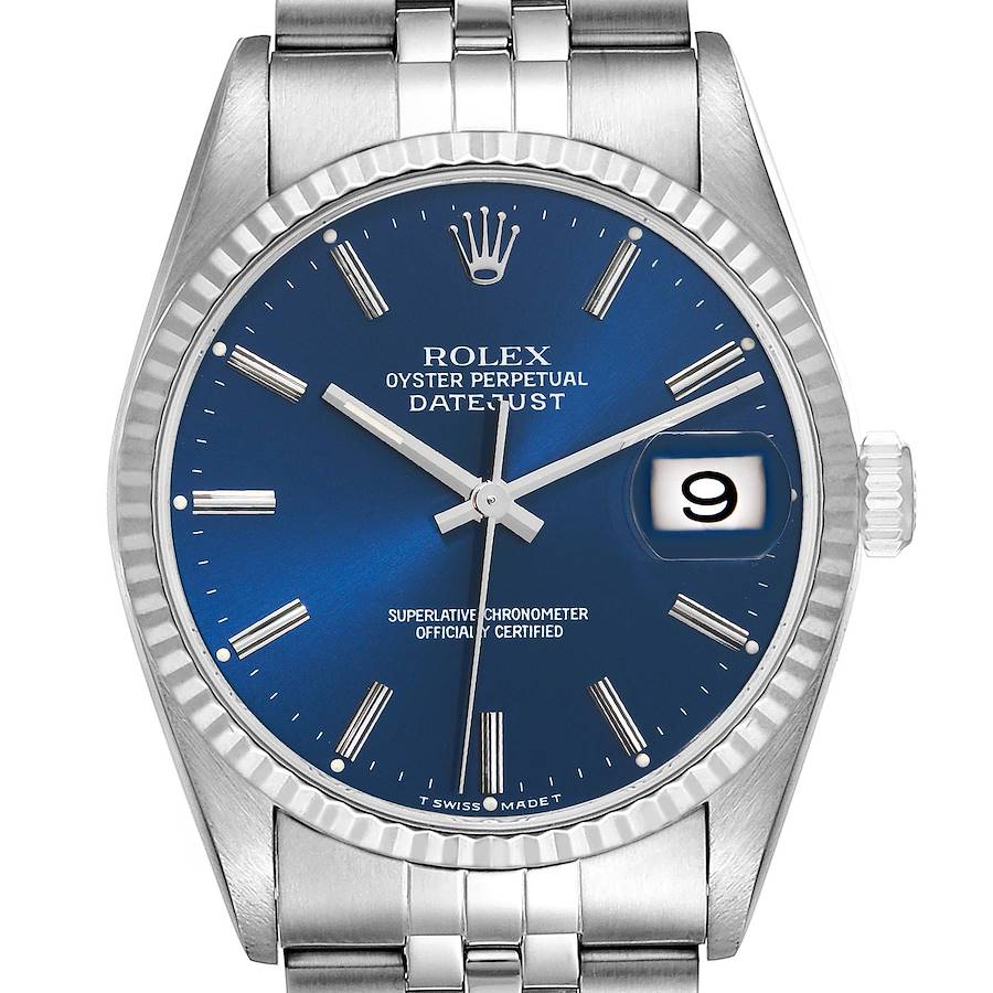 Rolex Datejust Steel White Gold Fluted Bezel Blue Dial Mens Watch 16234 SwissWatchExpo