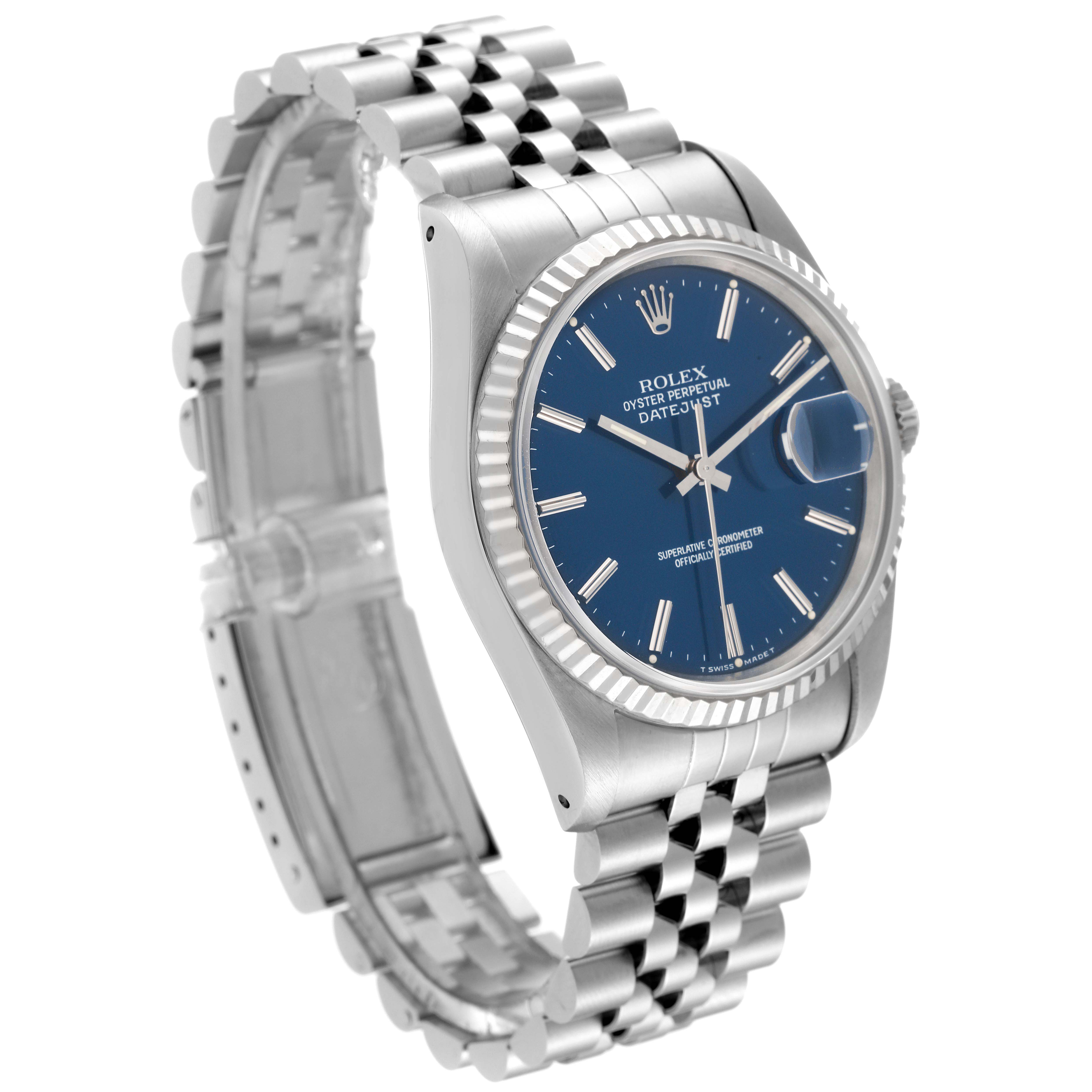 The Rolex Datejust 16234 Men's Stainless Steel Blue Dial 16234 Men's Stainless Steel Blue Dial watch is shown at an angle highlighting the bracelet, case, and blue dial.