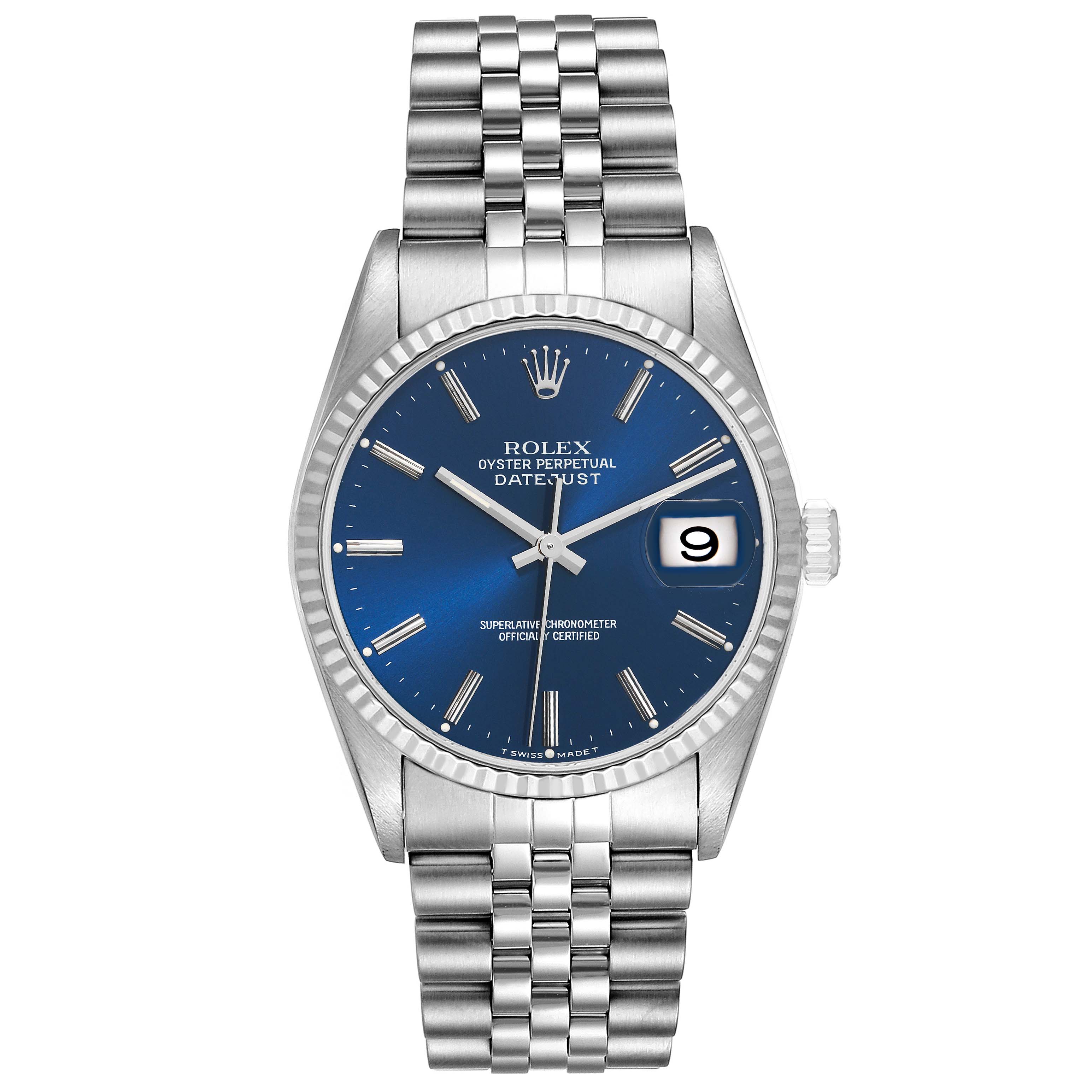 The image shows a Rolex Datejust 16234 Men's Stainless Steel Blue Dial 16234 Men's Stainless Steel Blue Dial watch with a blue dial, fluted bezel, and Jubilee bracelet from a front angle.