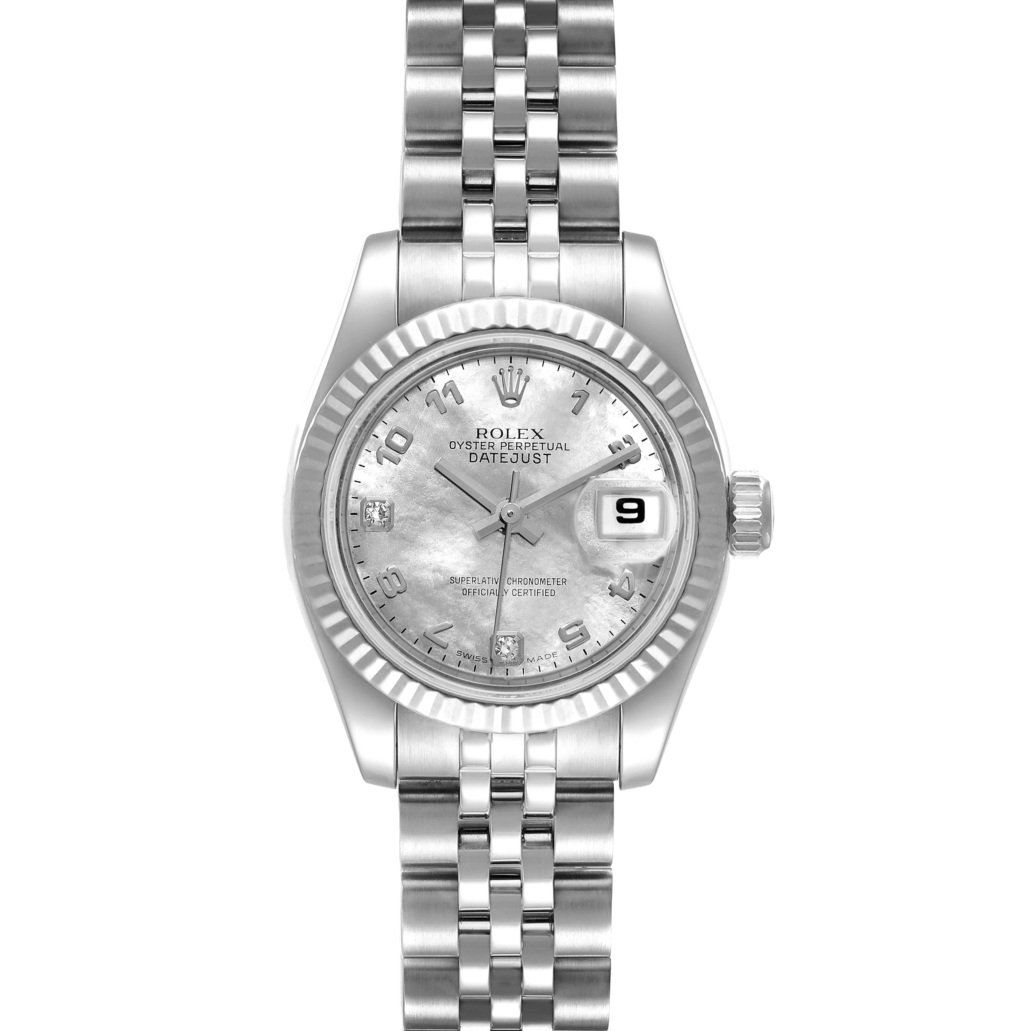 The image shows a front view of the Rolex Datejust 179174 Women's Stainless Steel Mother of Pearl Dial 179174 Women's Stainless Steel Mother of Pearl Dial watch, displaying its dial, bezel, crown, and bracelet.
