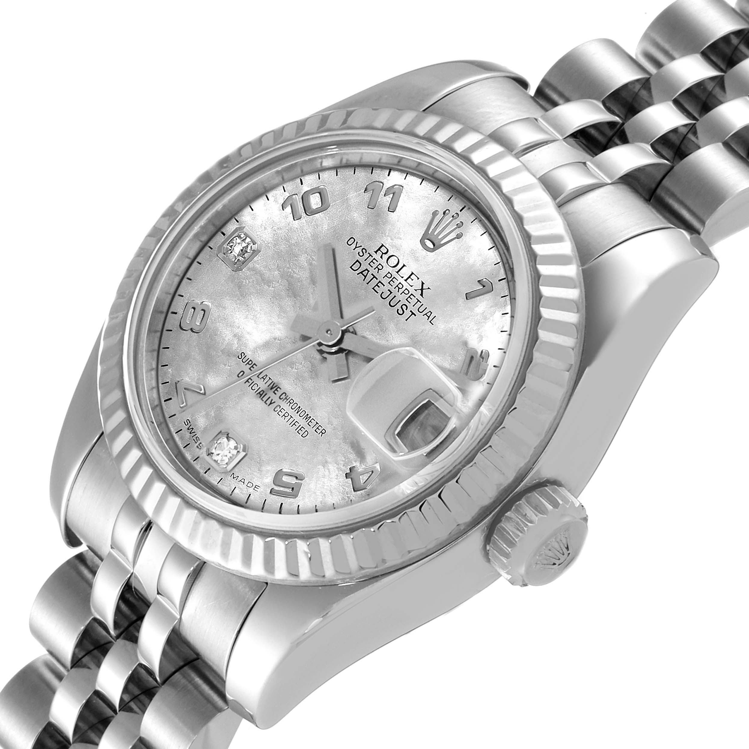 This image shows a Rolex Datejust 179174 Women's Stainless Steel Mother of Pearl Dial 179174 Women's Stainless Steel Mother of Pearl Dial watch angled to reveal the face, bezel, crown, and part of the bracelet.
