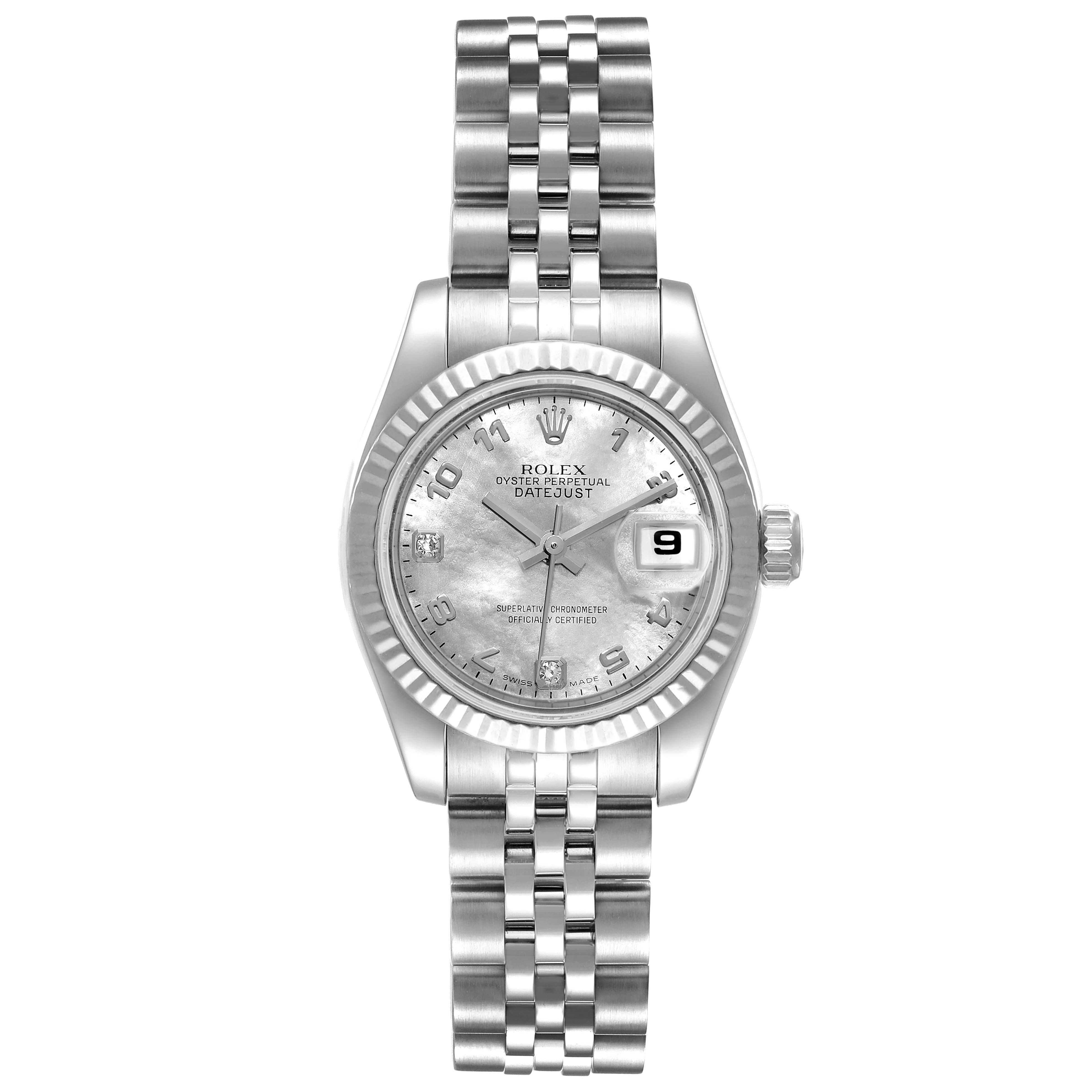 The image shows a front view of a Rolex Datejust 179174 Women's Stainless Steel Mother of Pearl Dial 179174 Women's Stainless Steel Mother of Pearl Dial watch displaying its dial, bezel, and bracelet.