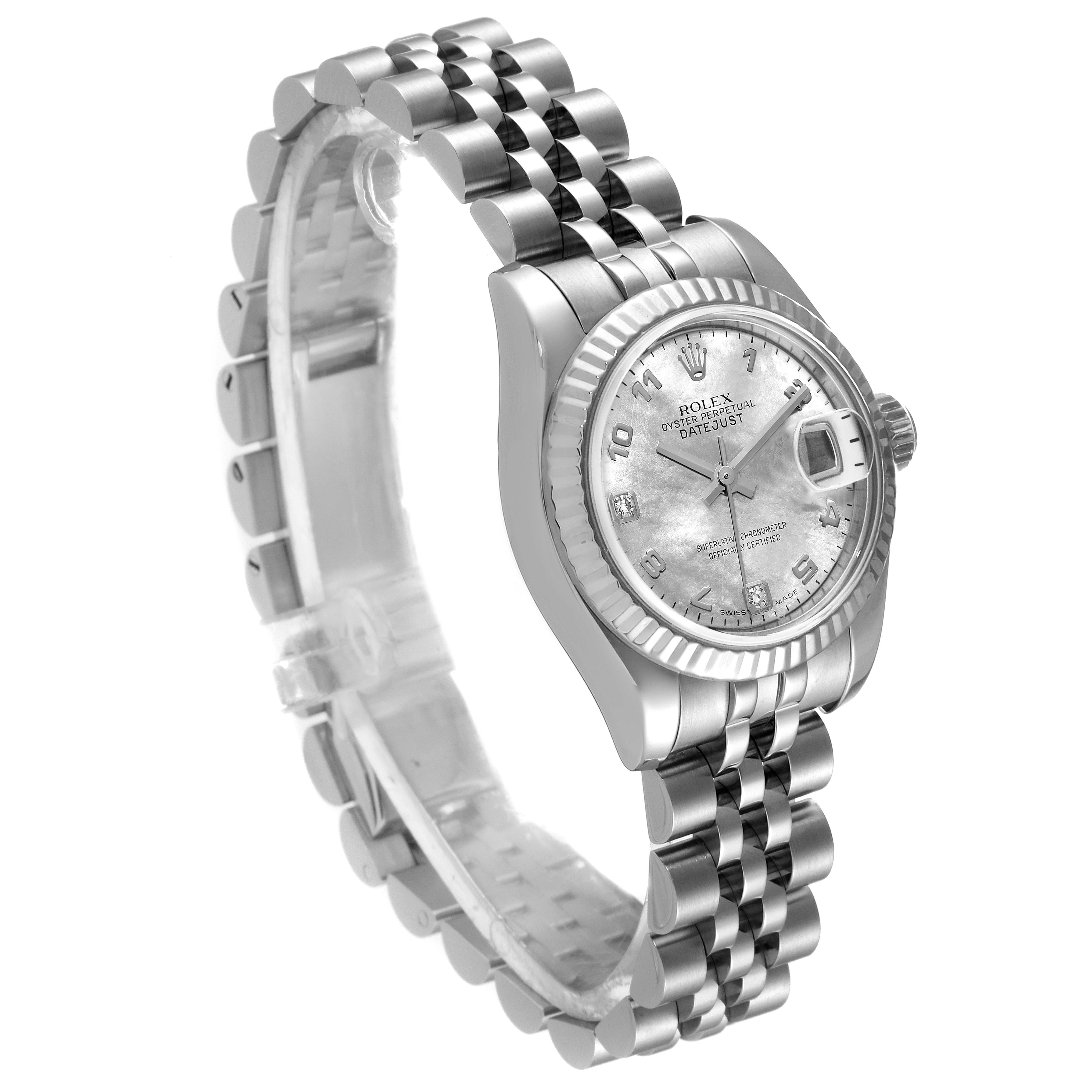 The Rolex Datejust 179174 Women's Stainless Steel Mother of Pearl Dial 179174 Women's Stainless Steel Mother of Pearl Dial watch is shown at an angled side view, highlighting the dial, fluted bezel, and jubilee bracelet.