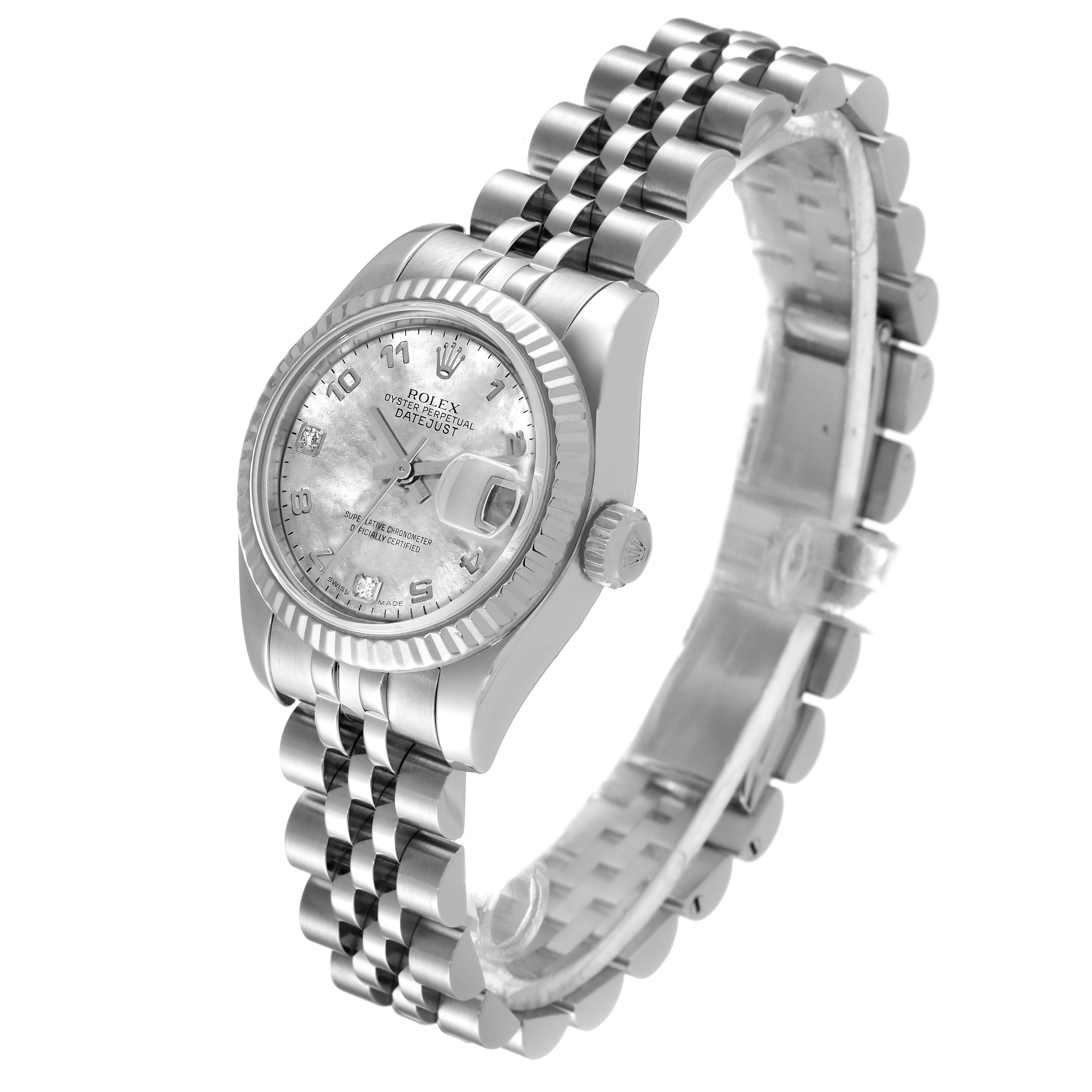 This image shows a Rolex Datejust 179174 Women's Stainless Steel Mother of Pearl Dial 179174 Women's Stainless Steel Mother of Pearl Dial watch from an angled side view featuring the face, bezel, and bracelet.
