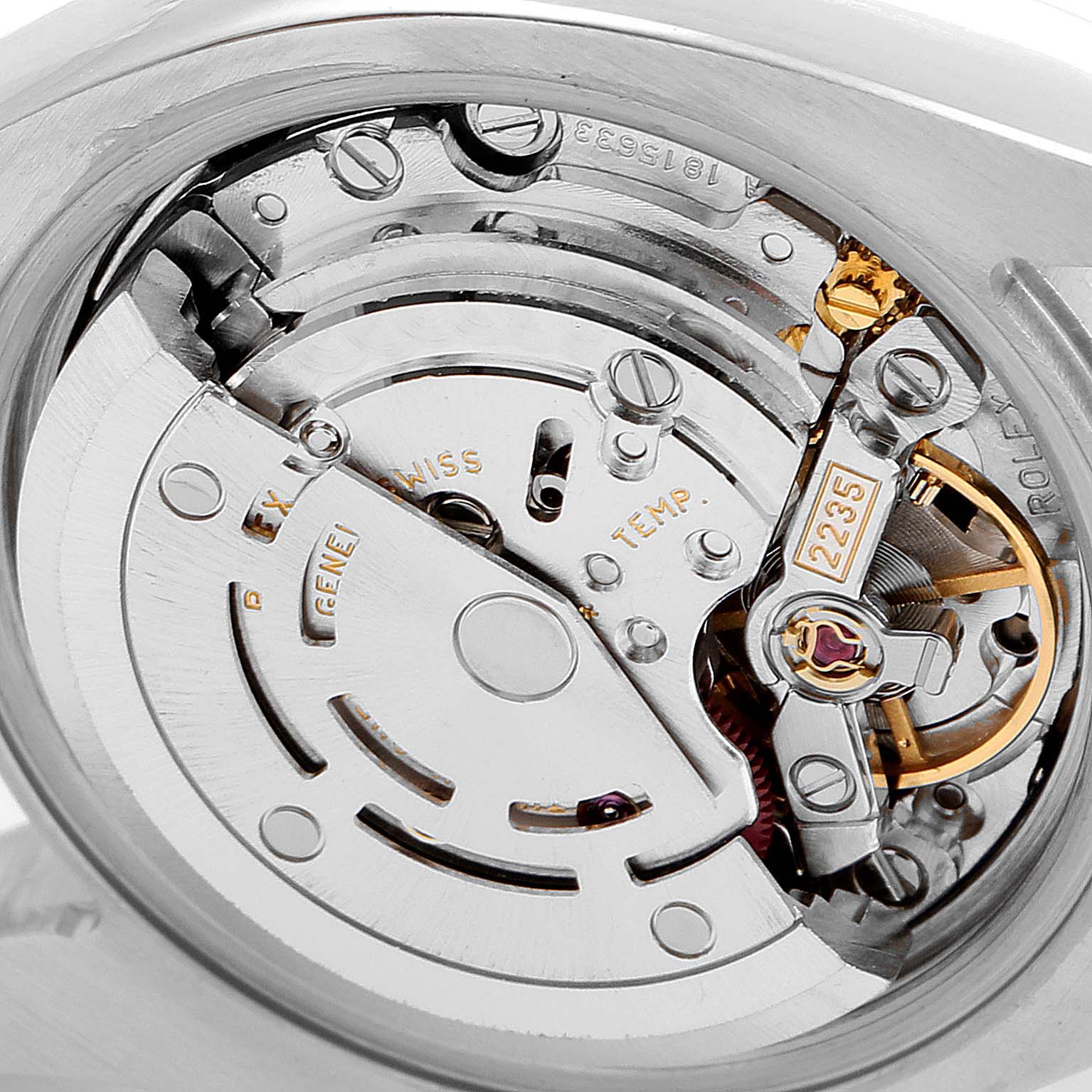 The image shows a close-up view of the movement mechanism inside a Rolex Datejust 179174 Women's Stainless Steel Mother of Pearl Dial 179174 Women's Stainless Steel Mother of Pearl Dial watch.