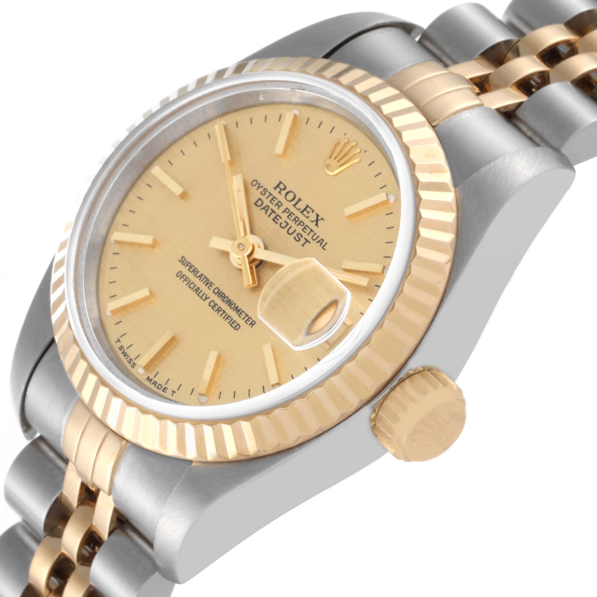 The image shows a close-up angle of a Rolex Datejust 69173 Women's Steel and Gold (two tone) Champagne Dial 69173 Women's Steel and Gold (two tone) Champagne Dial watch focusing on the dial, bezel, and part of the band.