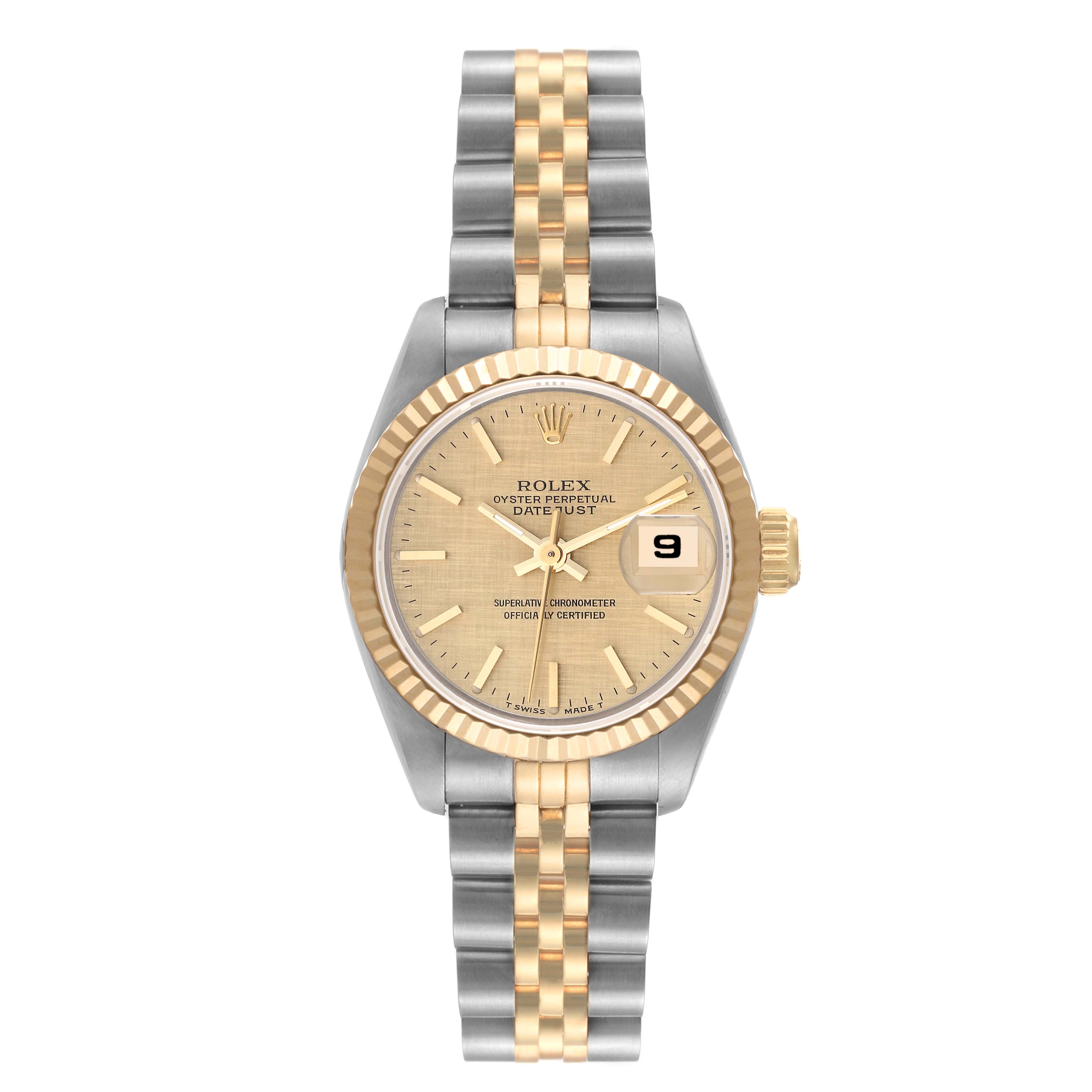 The Rolex Datejust 69173 Women's Steel and Gold (two tone) Champagne Dial 69173 Women's Steel and Gold (two tone) Champagne Dial watch is shown from a front angle, displaying the face, bezel, bracelet, and date window.