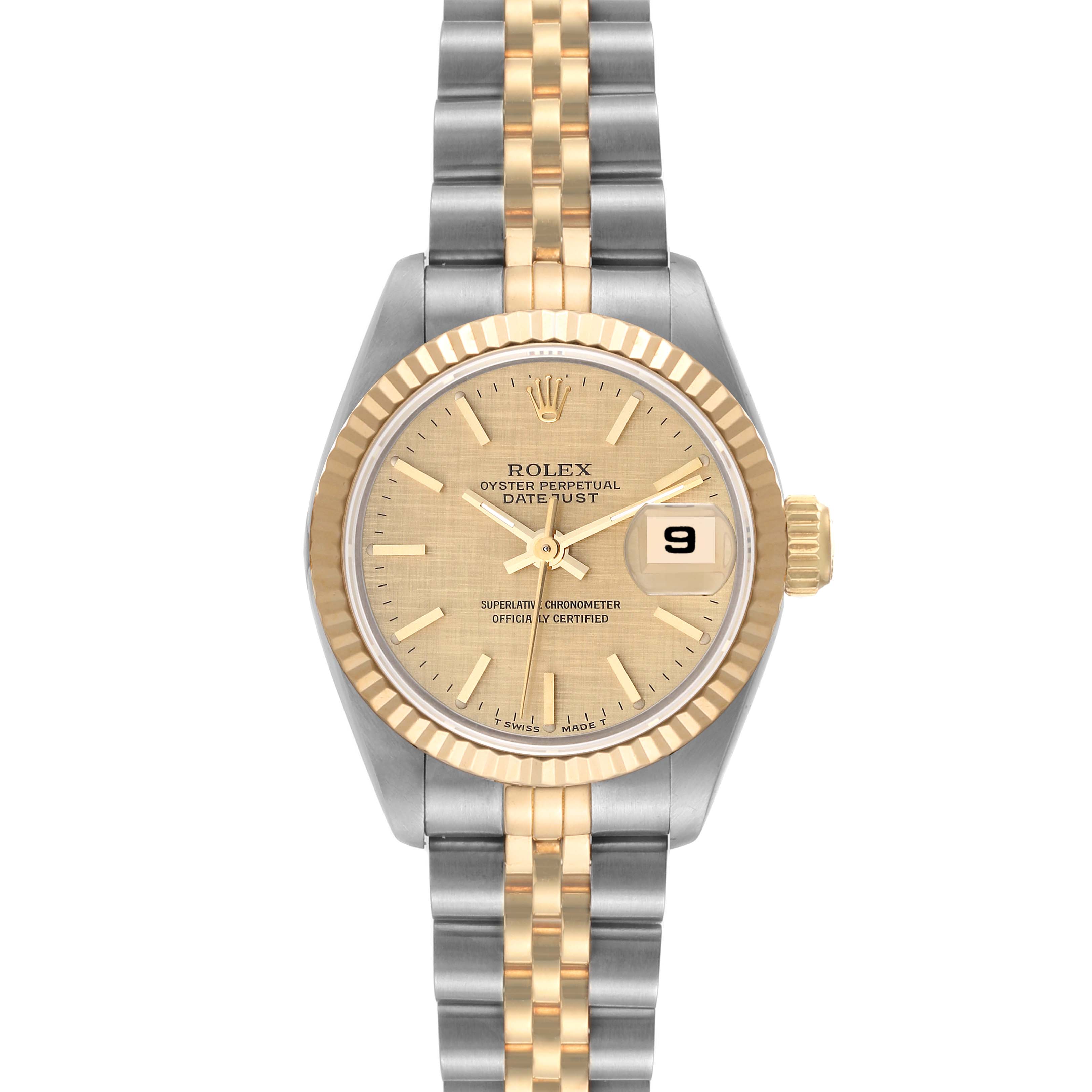 This image shows a Rolex Datejust 69173 Women's Steel and Gold (two tone) Champagne Dial 69173 Women's Steel and Gold (two tone) Champagne Dial watch from a top-down angle, highlighting the two-tone bracelet, fluted bezel, and champagne-colored dial.