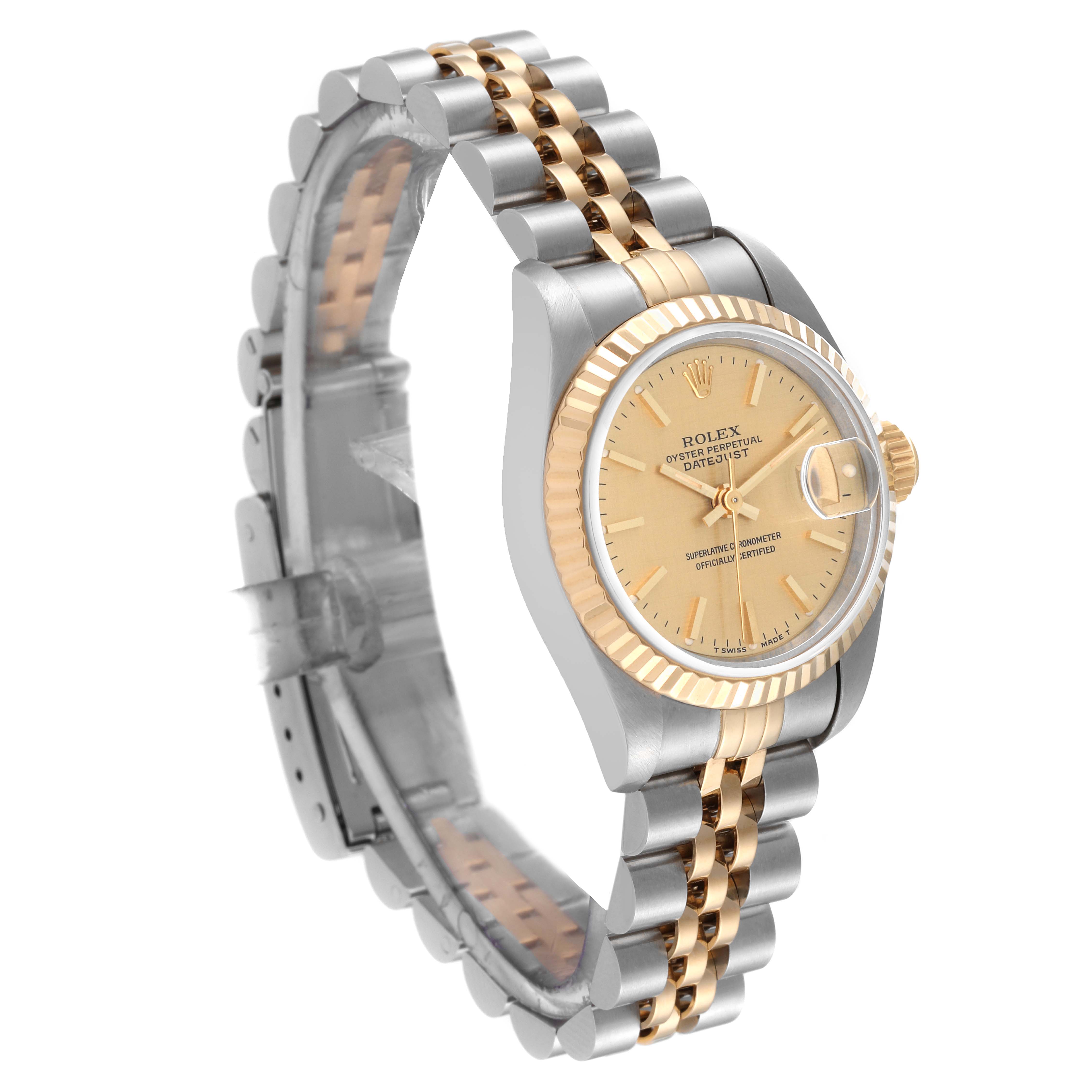 The image shows a side view of a Rolex Datejust 69173 Women's Steel and Gold (two tone) Champagne Dial 69173 Women's Steel and Gold (two tone) Champagne Dial watch with a gold and silver bracelet and a gold dial.
