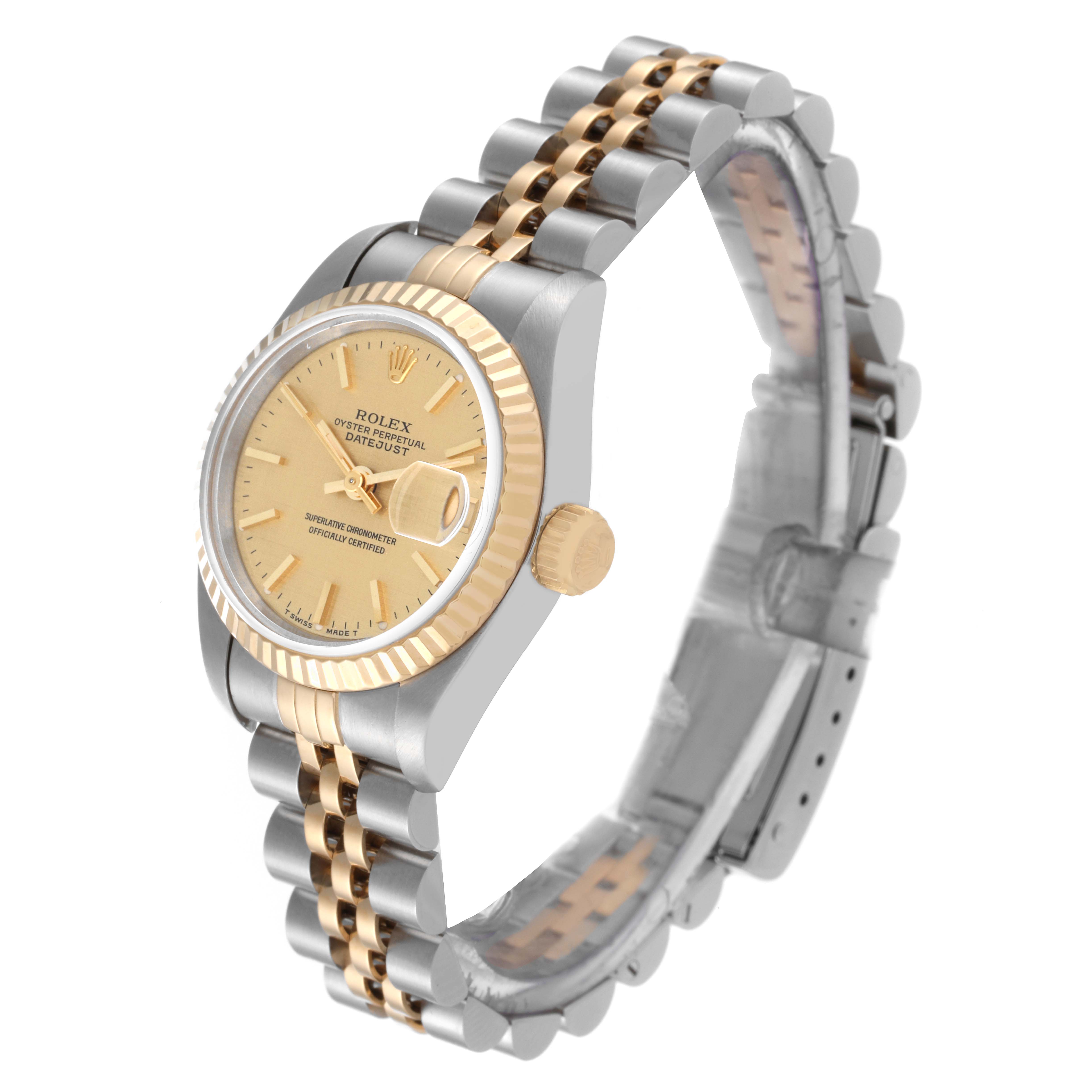 The image shows a Rolex Datejust 69173 Women's Steel and Gold (two tone) Champagne Dial 69173 Women's Steel and Gold (two tone) Champagne Dial watch at a three-quarter angle, highlighting its face, bezel, and bracelet.