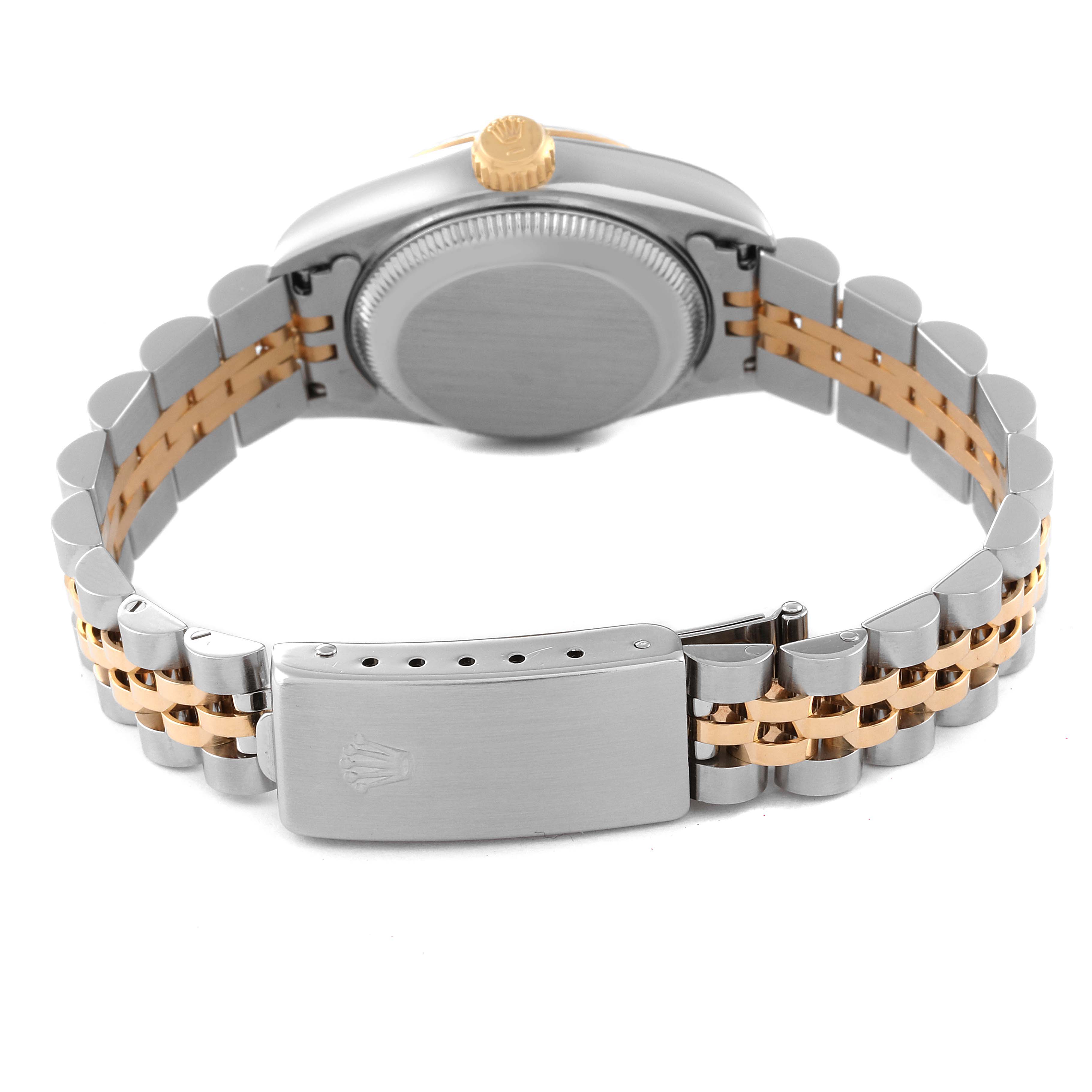 The image shows the back and clasp of the Rolex Datejust 69173 Women's Steel and Gold (two tone) Champagne Dial 69173 Women's Steel and Gold (two tone) Champagne Dial watch, highlighting its two-tone bracelet and the Rolex logo on the clasp.