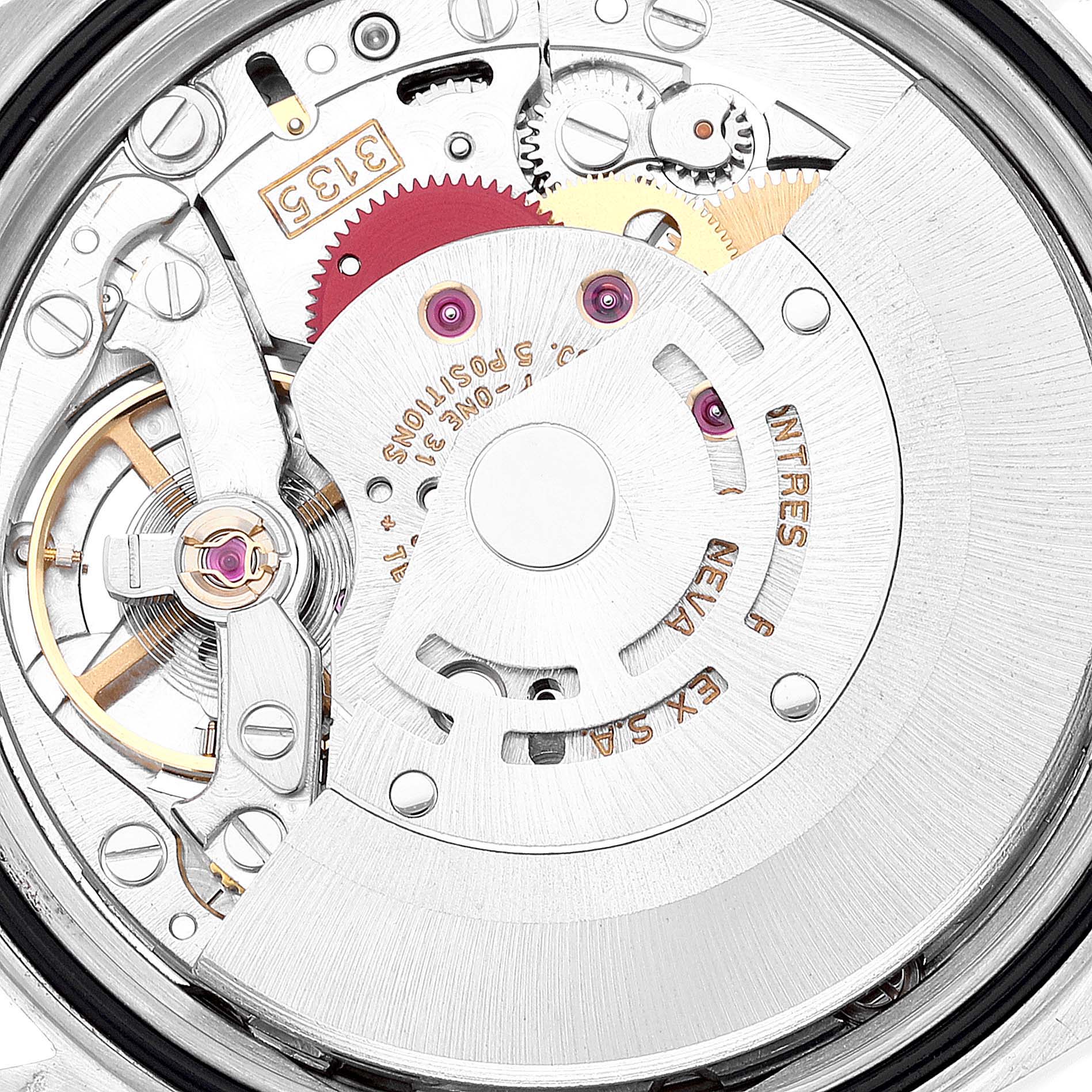 This image shows the intricate internal mechanism of the Rolex Datejust 16233 Men's Steel and Gold (two tone) Beige Dial 16233 Men's Steel and Gold (two tone) Beige Dial watch, highlighting its automatic movement and rotor.