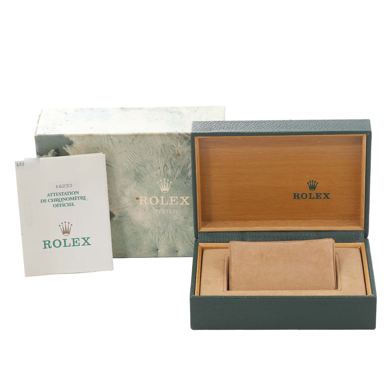 The image shows the Rolex Datejust 16233 Men's Steel and Gold (two tone) Beige Dial 16233 Men's Steel and Gold (two tone) Beige Dial box, outer packaging, and an official chronometer certification booklet.