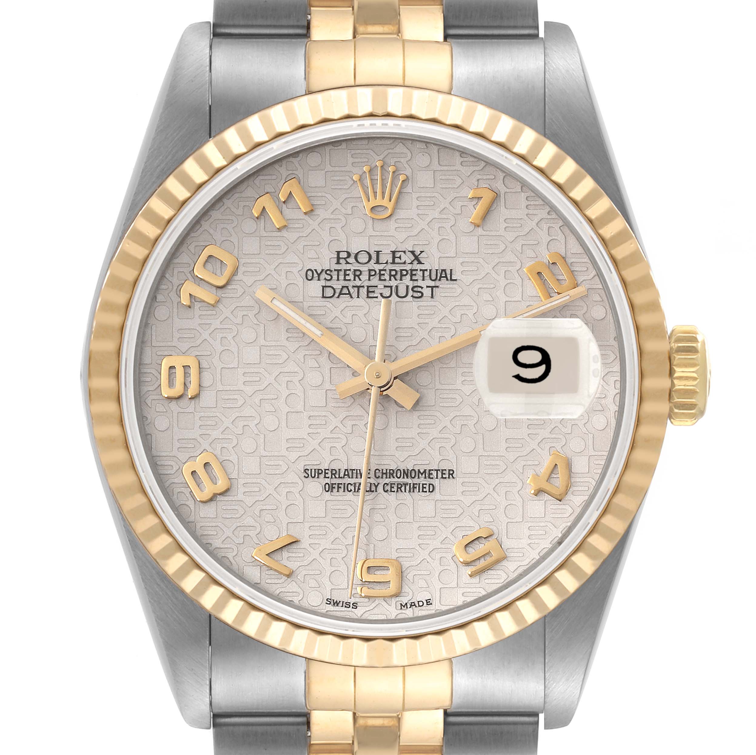 This is a frontal view of a Rolex Datejust 16233 Men's Steel and Gold (two tone) Beige Dial 16233 Men's Steel and Gold (two tone) Beige Dial, showing the dial, bezel, crown, and part of the bracelet.
