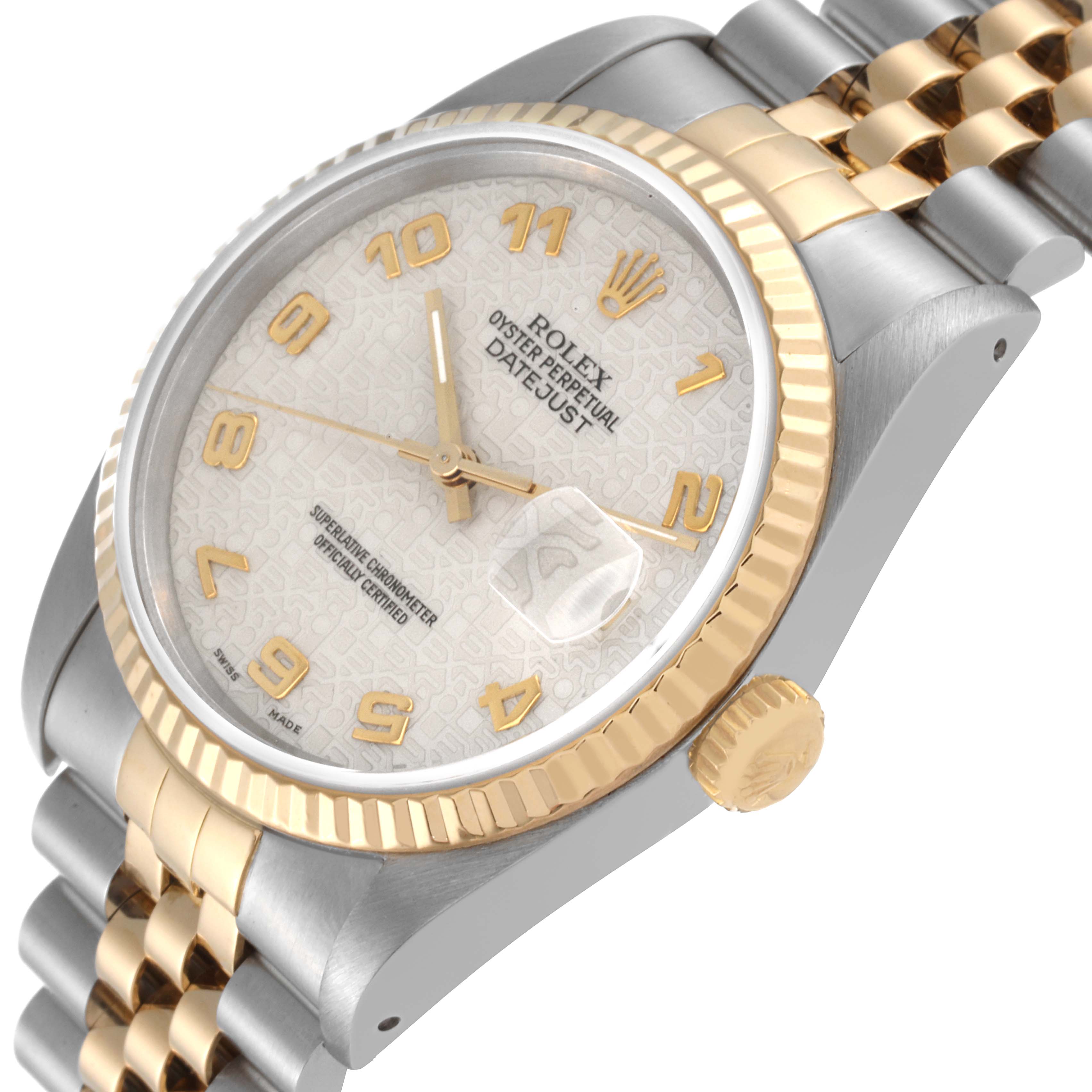The image shows a Rolex Datejust 16233 Men's Steel and Gold (two tone) Beige Dial 16233 Men's Steel and Gold (two tone) Beige Dial watch from an angled side view, highlighting the dial, bezel, lugs, and part of the bracelet.